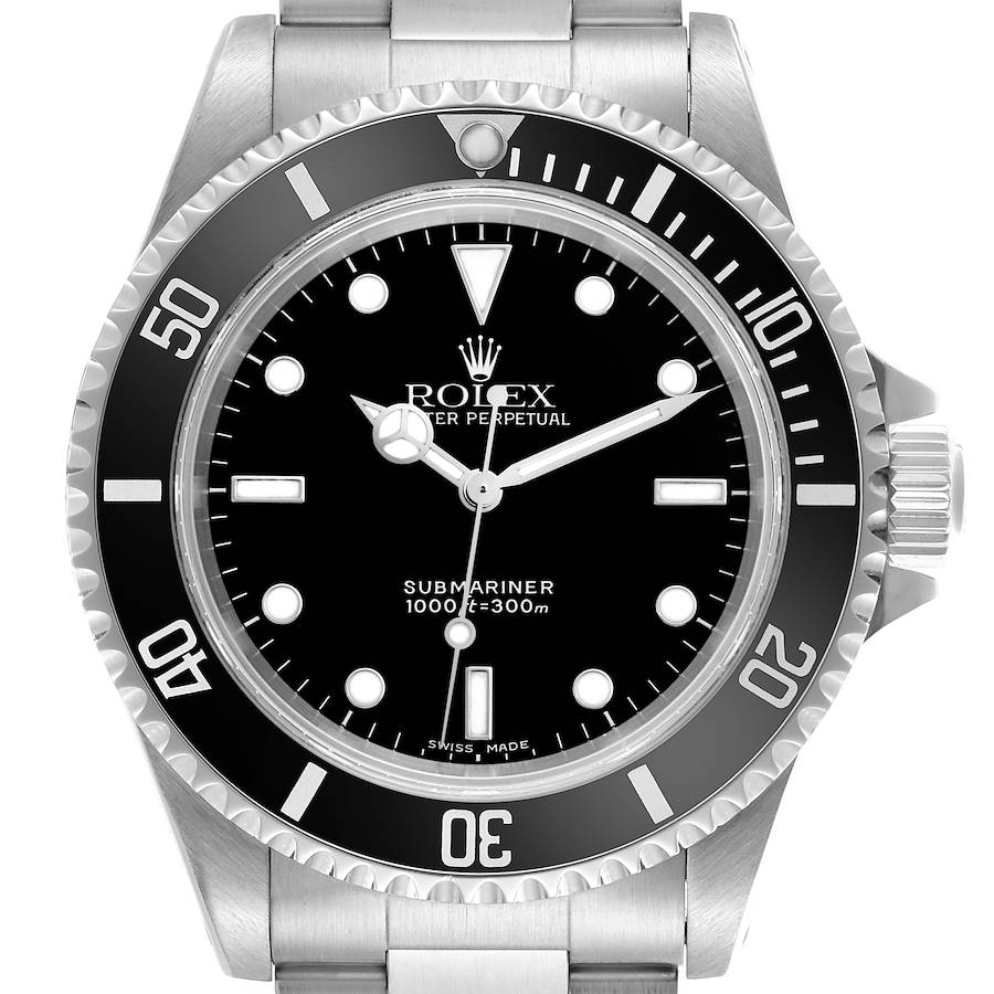 The Rolex Submariner watch is shown from a front angle, highlighting its bezel, dial, hands, and crown.