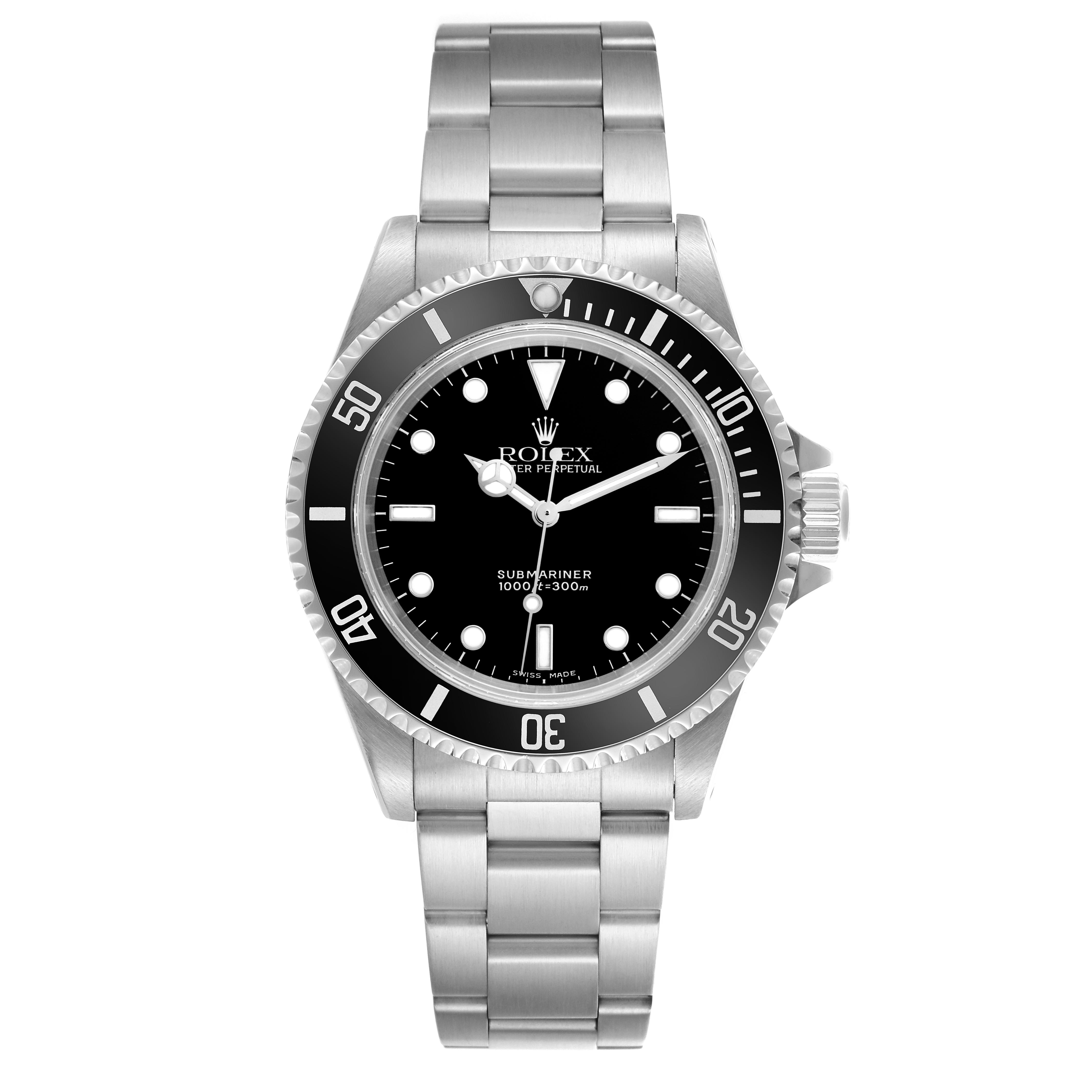 The Rolex Submariner 14060 Men
s Stainless Steel Black Dial 14060 Men
s Stainless Steel Black Dial watch is shown from a front view, displaying the dial, bezel, and bracelet.
