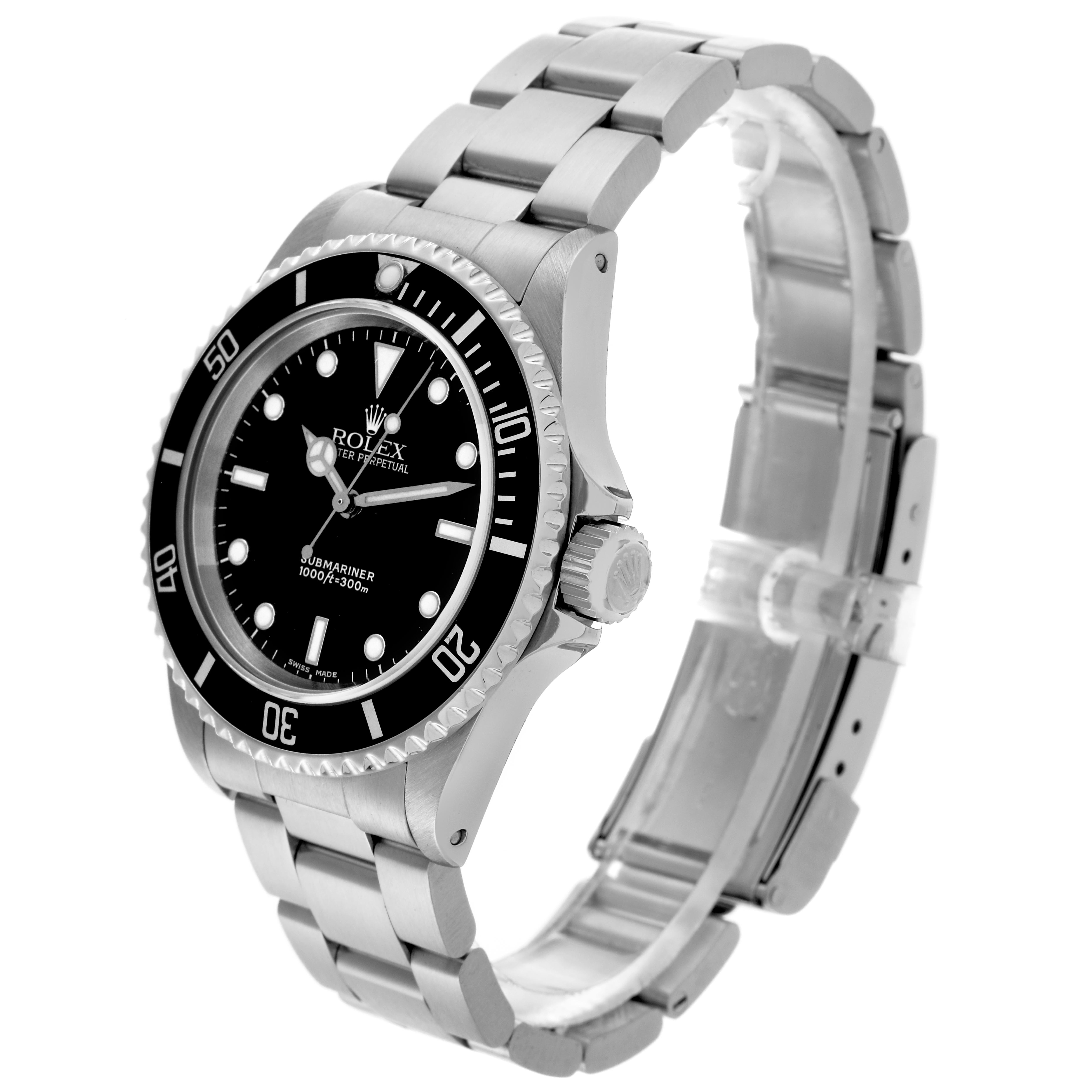 The Rolex Submariner 14060 Men
s Stainless Steel Black Dial 14060 Men
s Stainless Steel Black Dial watch is shown at a three-quarter angle, highlighting the dial, bezel, crown, and bracelet.