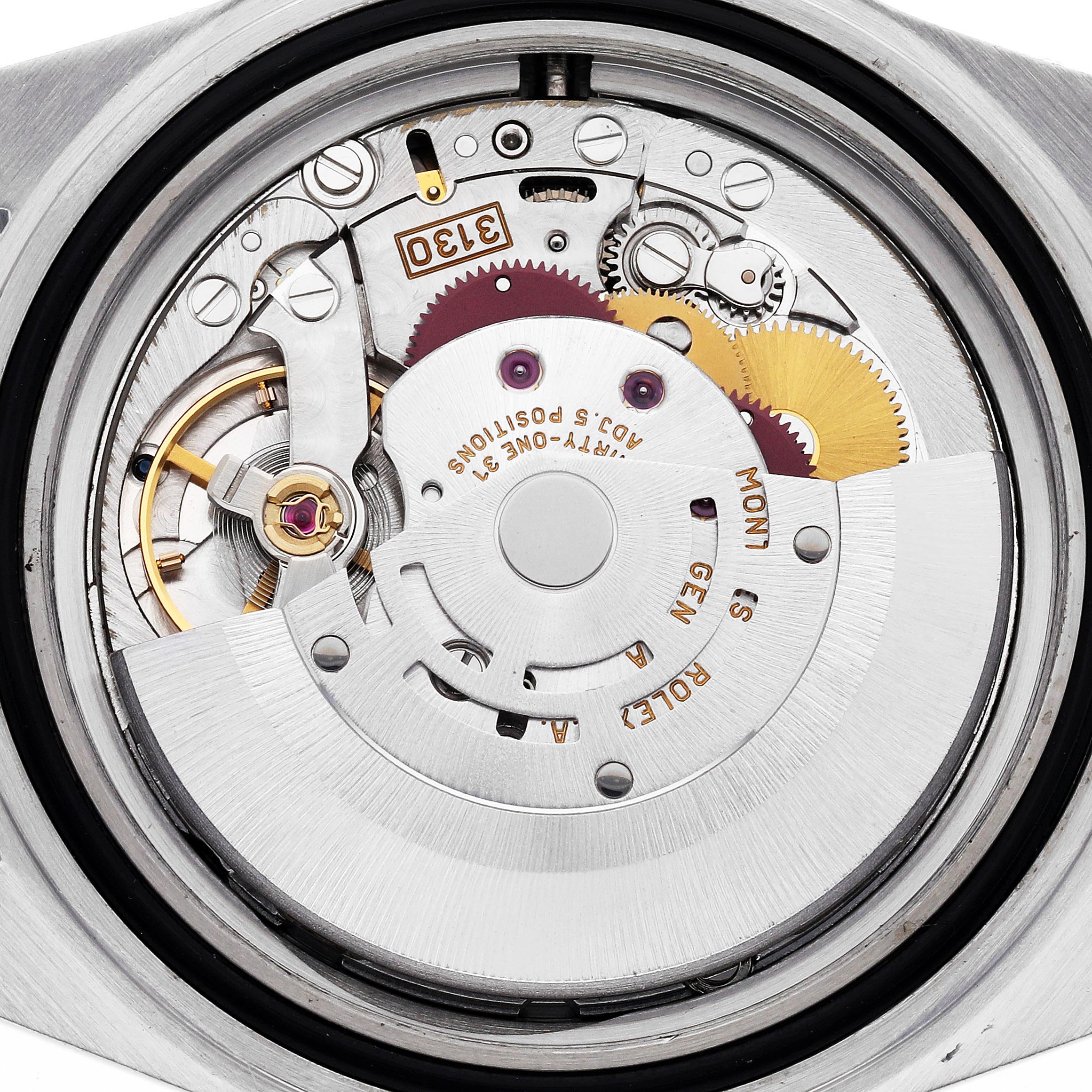 The image shows a top-down view of the Rolex Submariner 14060 Men
s Stainless Steel Black Dial 14060 Men
s Stainless Steel Black Dial
s open case back, displaying its intricate movement components.