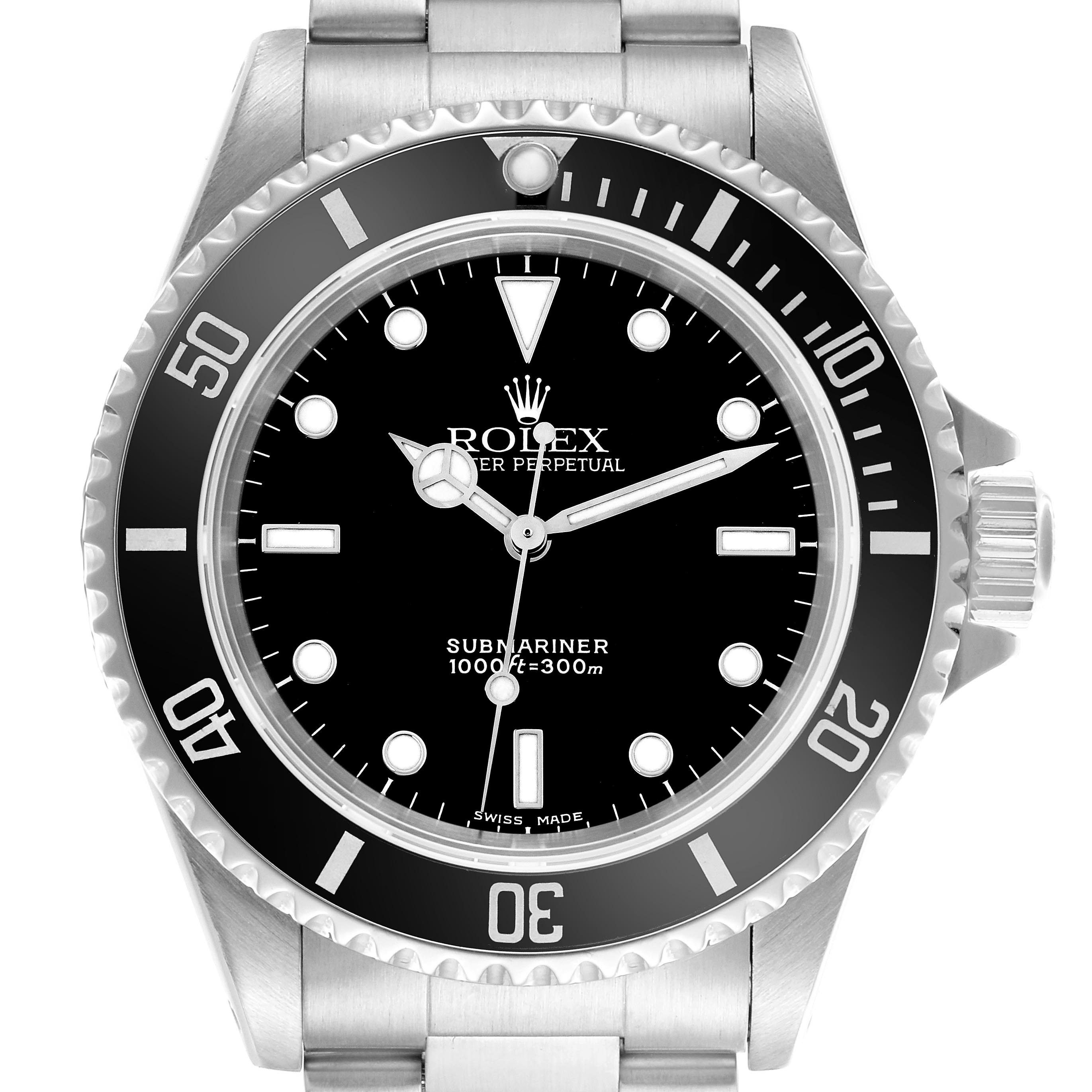The Rolex Submariner 14060 Men
s Stainless Steel Black Dial 14060 Men
s Stainless Steel Black Dial watch is shown from a front angle, highlighting the dial, bezel, hands, and bracelet.