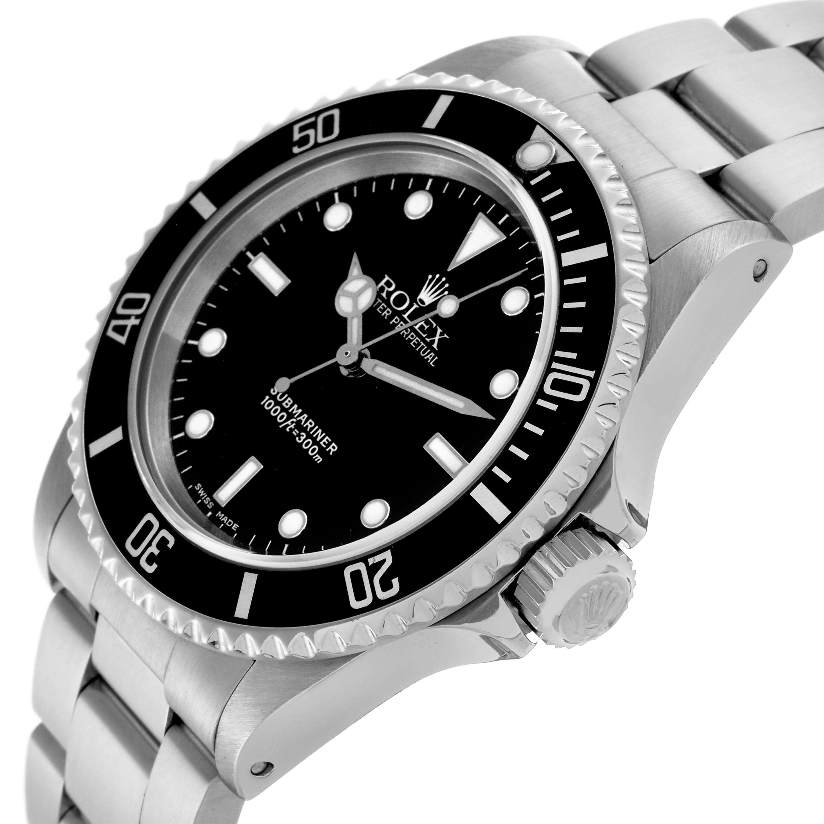 The image shows a Rolex Submariner 14060 Men
s Stainless Steel Black Dial 14060 Men
s Stainless Steel Black Dial watch at a slight side angle, displaying the bezel, dial, crown, and part of the bracelet.