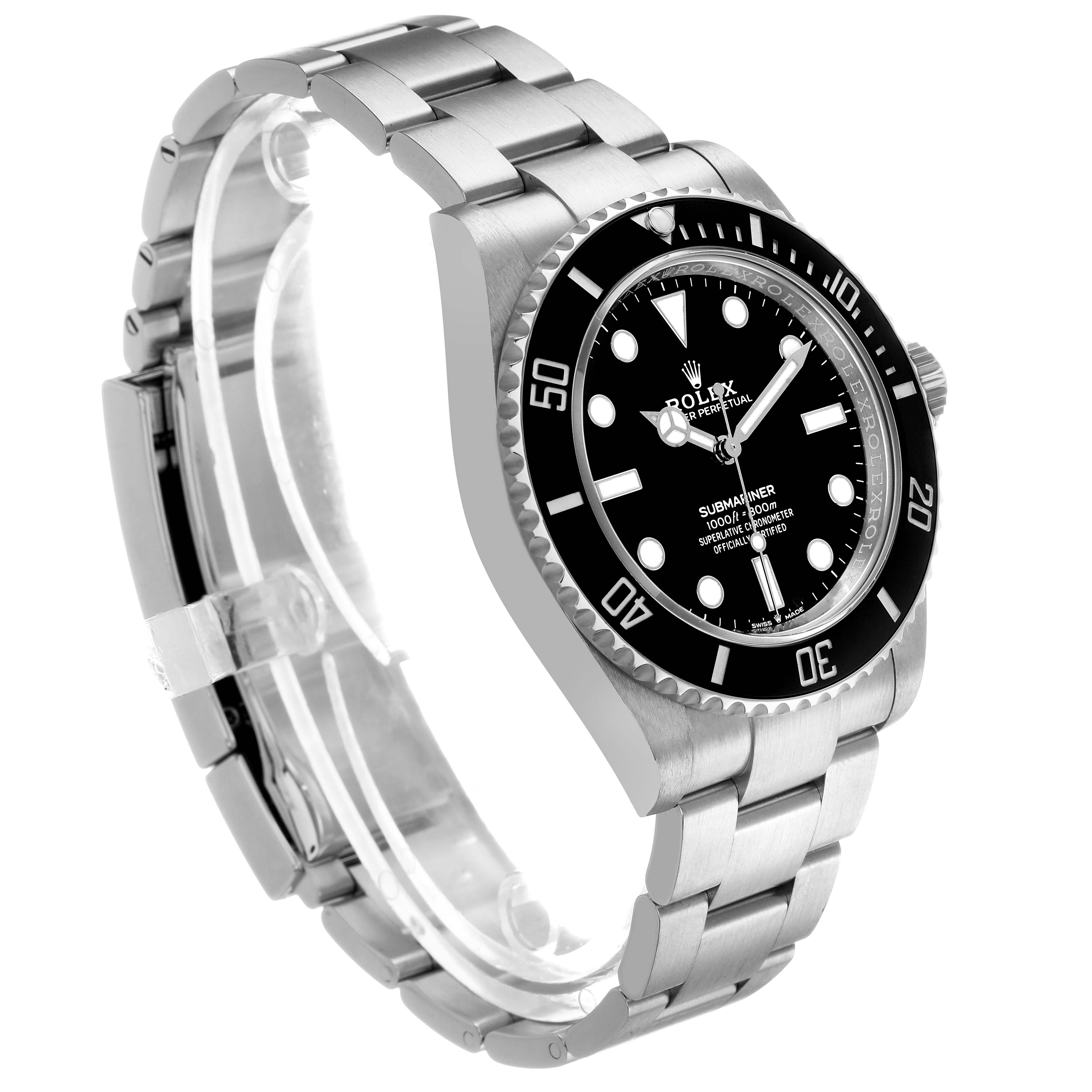 The Rolex Submariner 124060 Men's Stainless Steel Black Dial watch is shown at a three-quarter angle, displaying the face, bezel, crown, and bracelet.