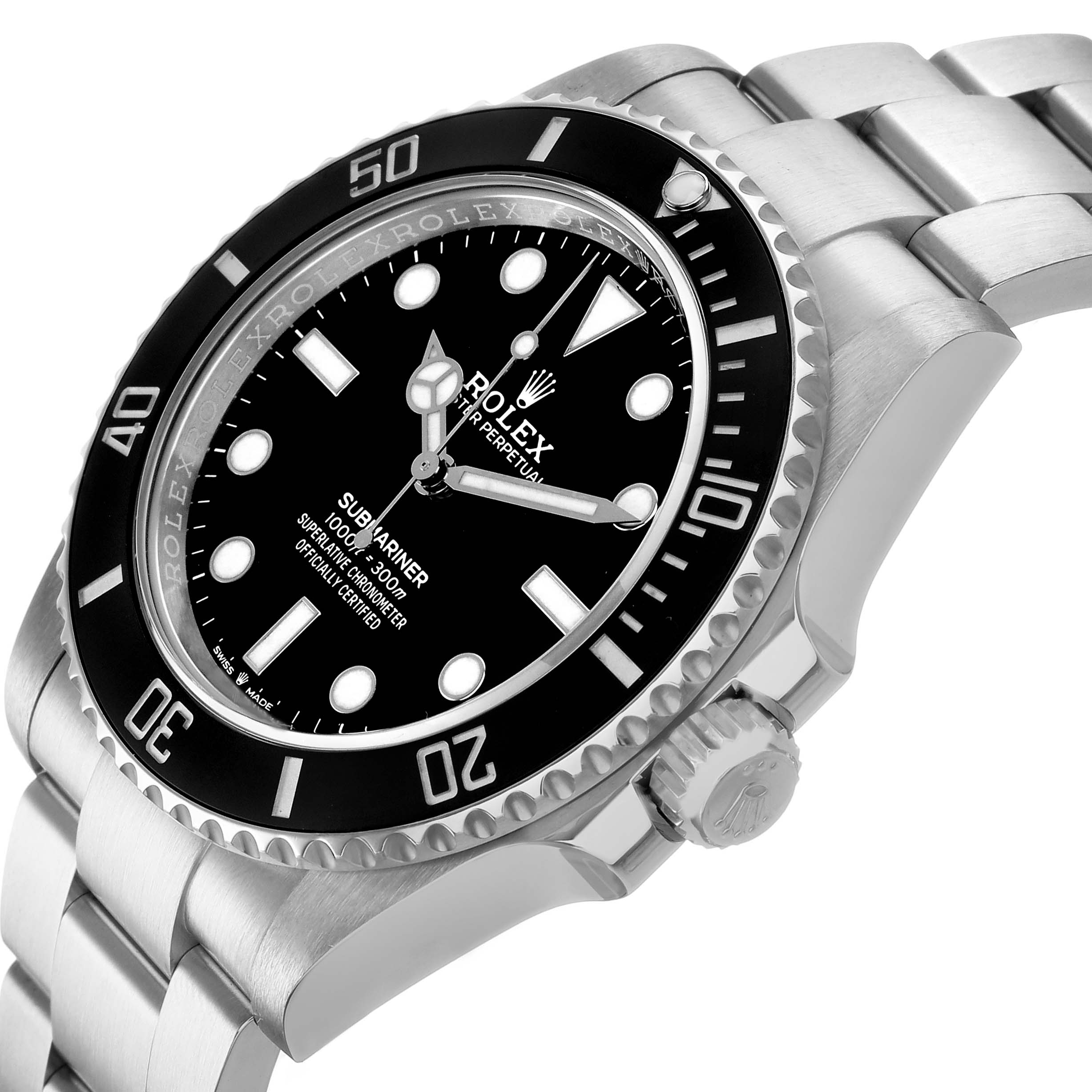 The Rolex Submariner 124060 Men's Stainless Steel Black Dial is shown from a side angle highlighting the bezel, dial, crown, and part of the bracelet.