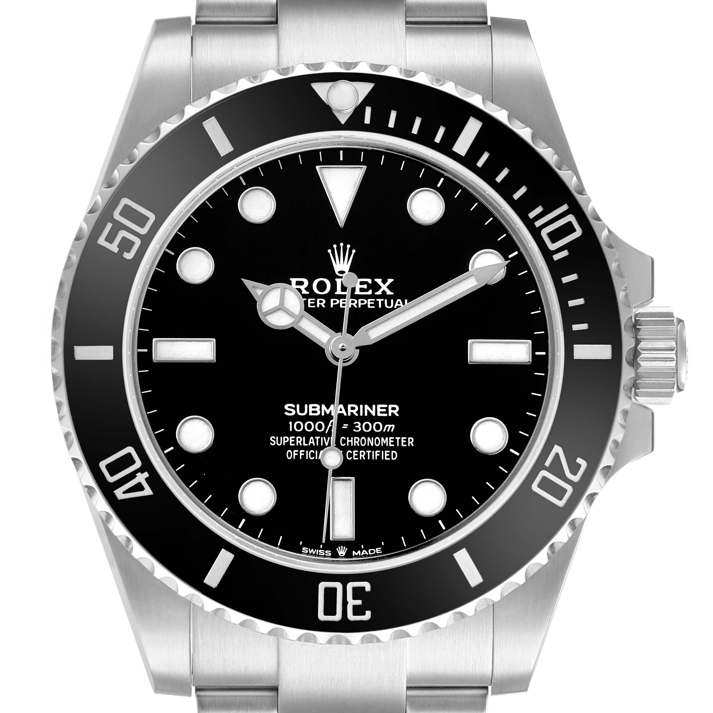 The Rolex Submariner 124060 Men's Stainless Steel Black Dial watch is shown from a front angle, highlighting the dial, bezel, and crown.