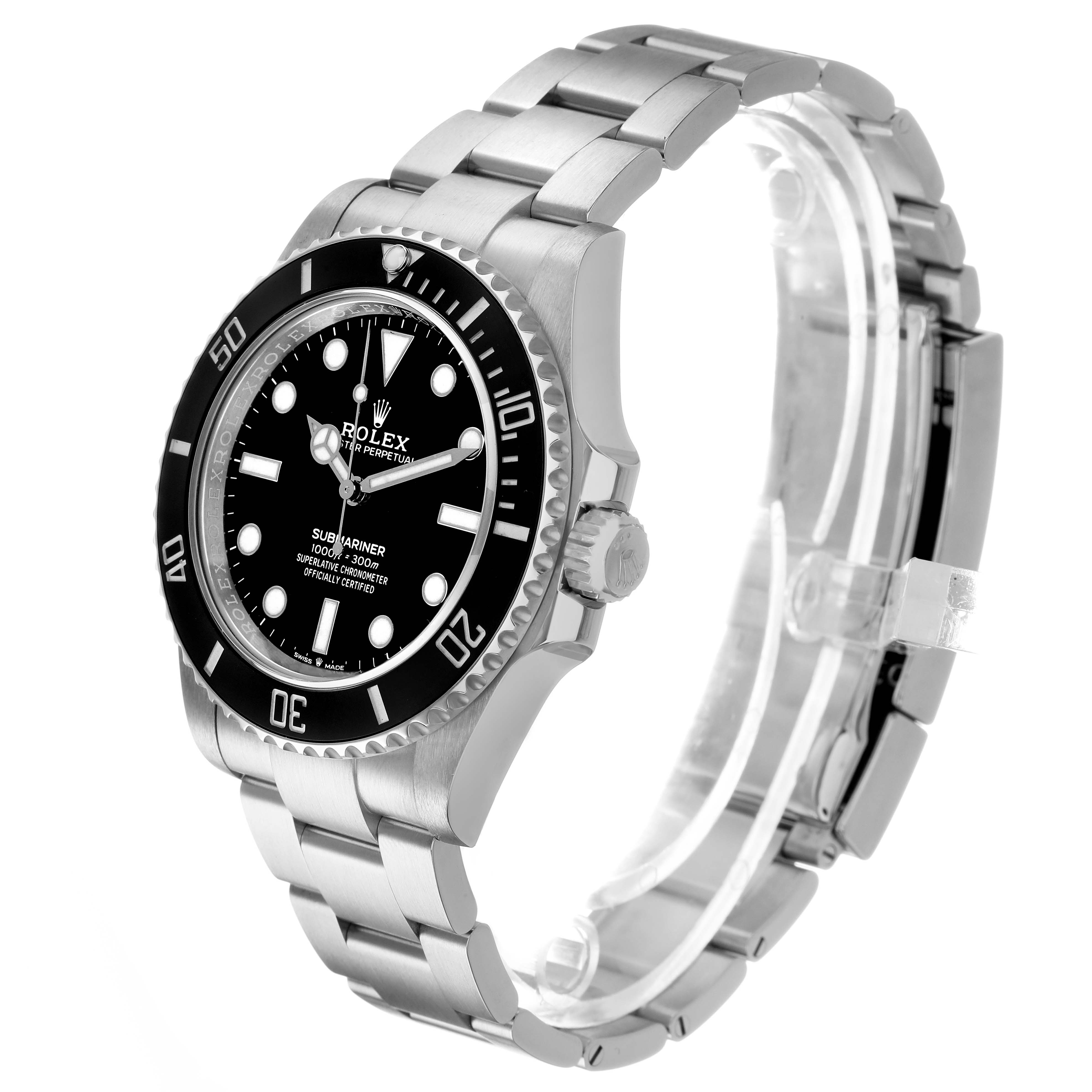 The Rolex Submariner 124060 Men's Stainless Steel Black Dial watch is shown at a three-quarter angle, highlighting the dial, bezel, and metal bracelet.
