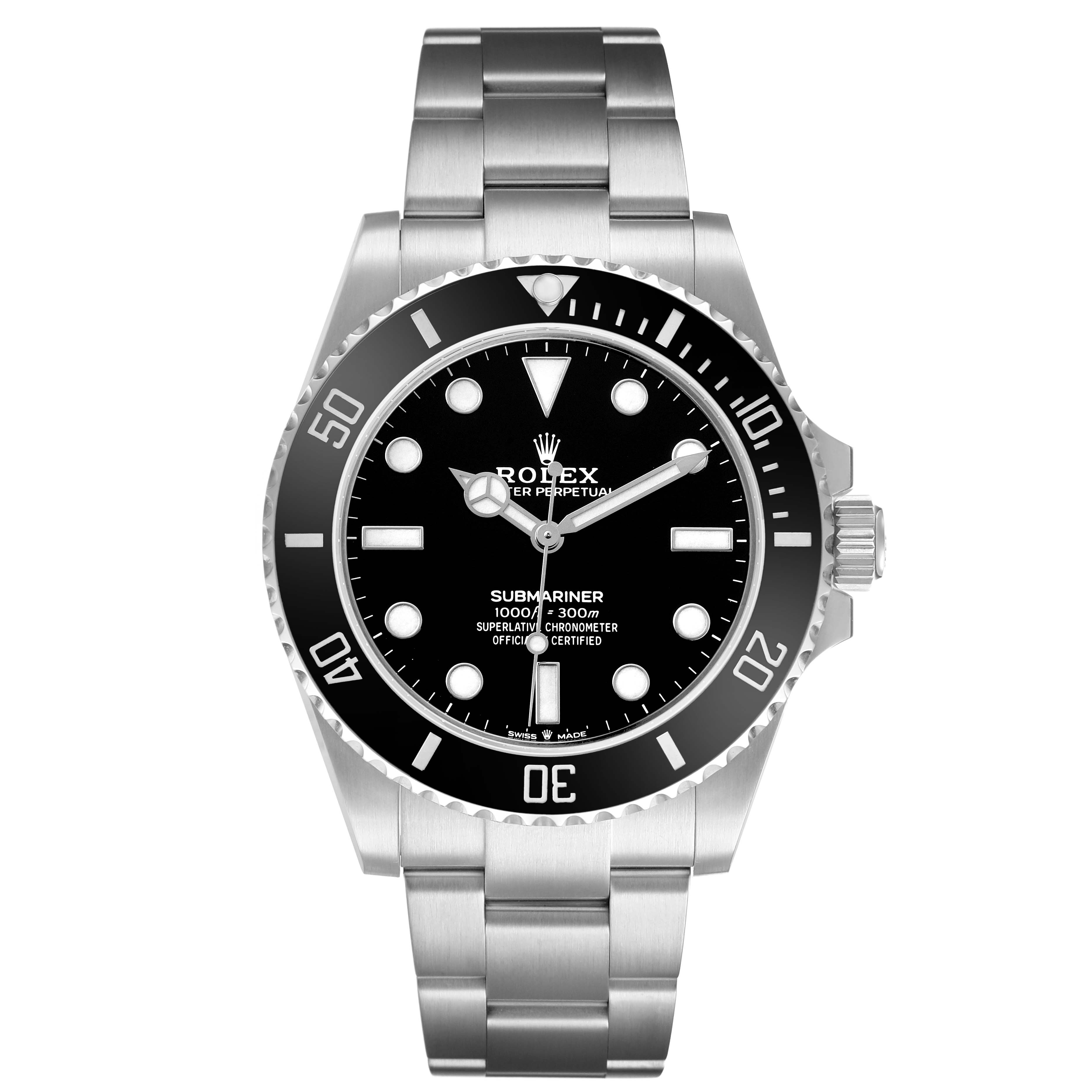 The image shows a frontal view of a Rolex Submariner 124060 Men's Stainless Steel Black Dial, displaying the dial, bezel, bracelet, and crown.
