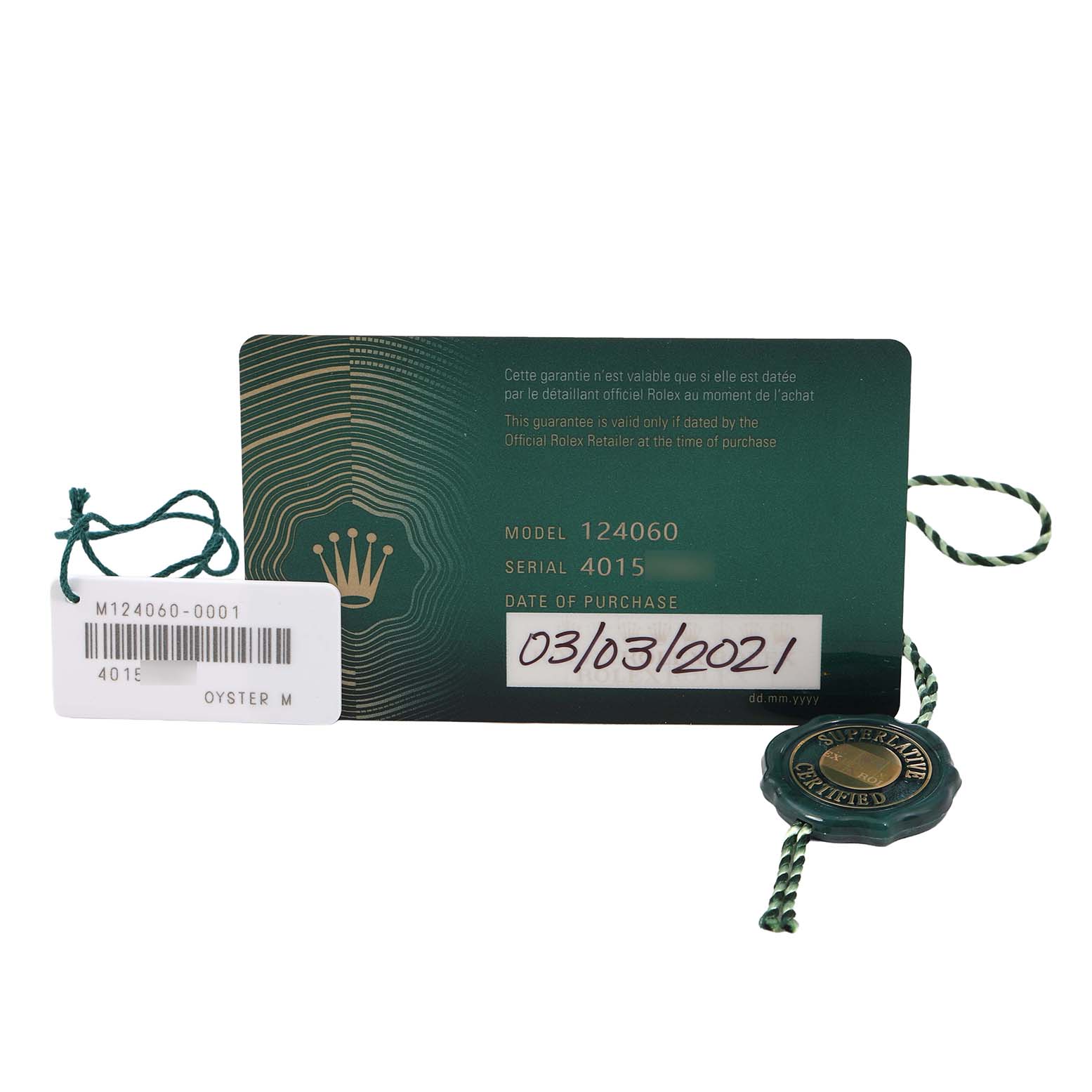 The image shows a warranty card and tag for the Rolex Submariner 124060 Men's Stainless Steel Black Dial model 124060 at a straight-on angle.