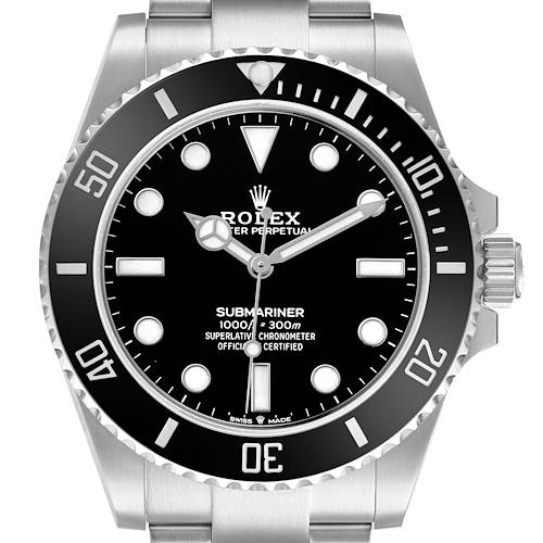 The image shows a front view of a Rolex Submariner 124060 Men's Stainless Steel Black Dial watch, highlighting the dial, bezel, and crown.