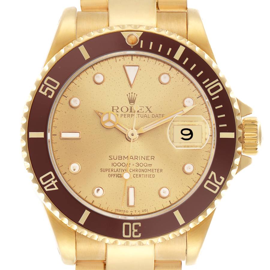 The Rolex Submariner watch is shown from a front angle, displaying the dial, bezel, and part of the bracelet.