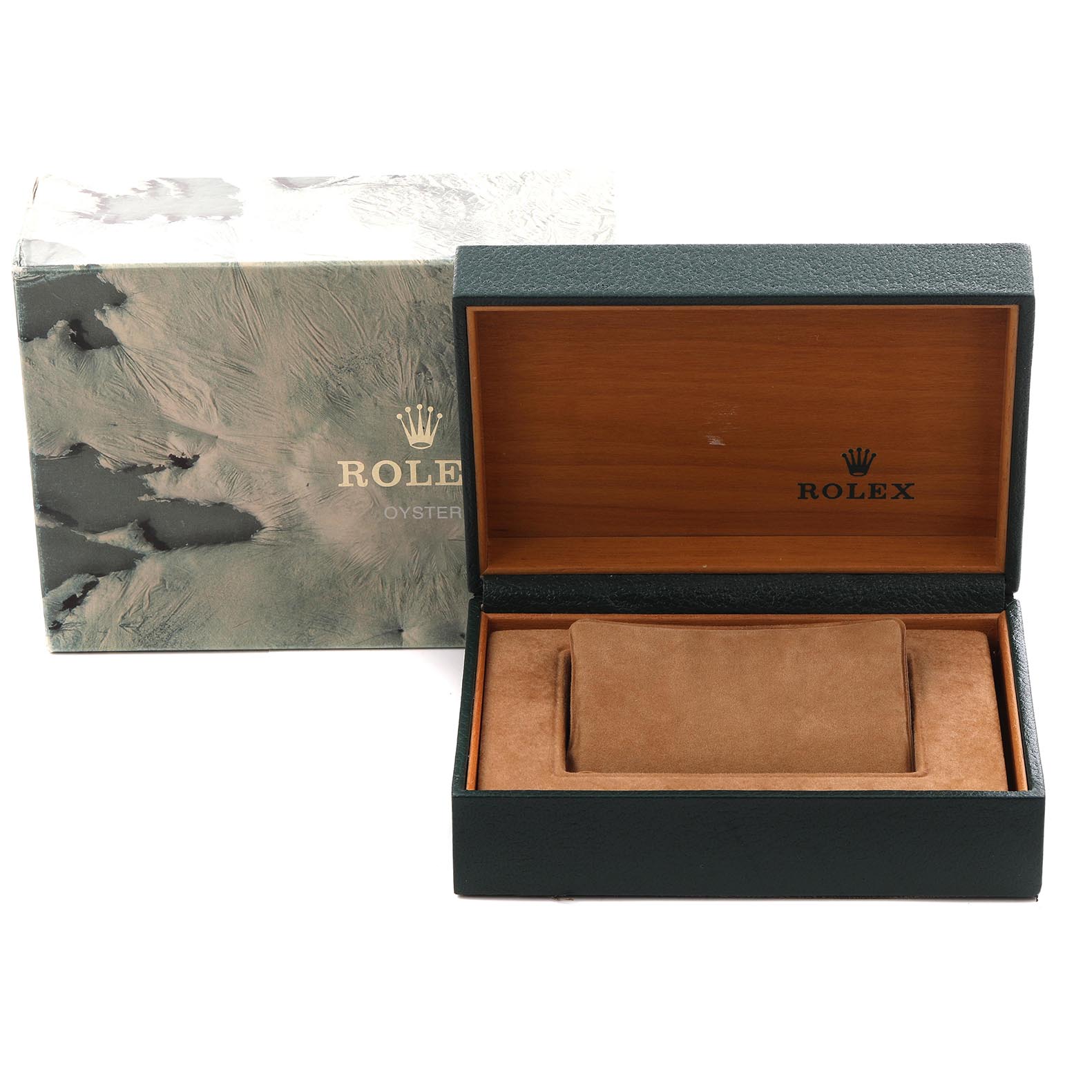 The image shows the open box of a Rolex Submariner 16618 Men's Yellow Gold Champagne Dial 16618 Men's Yellow Gold Champagne Dial, including its outer packaging and inner cushion from a top-front angle.