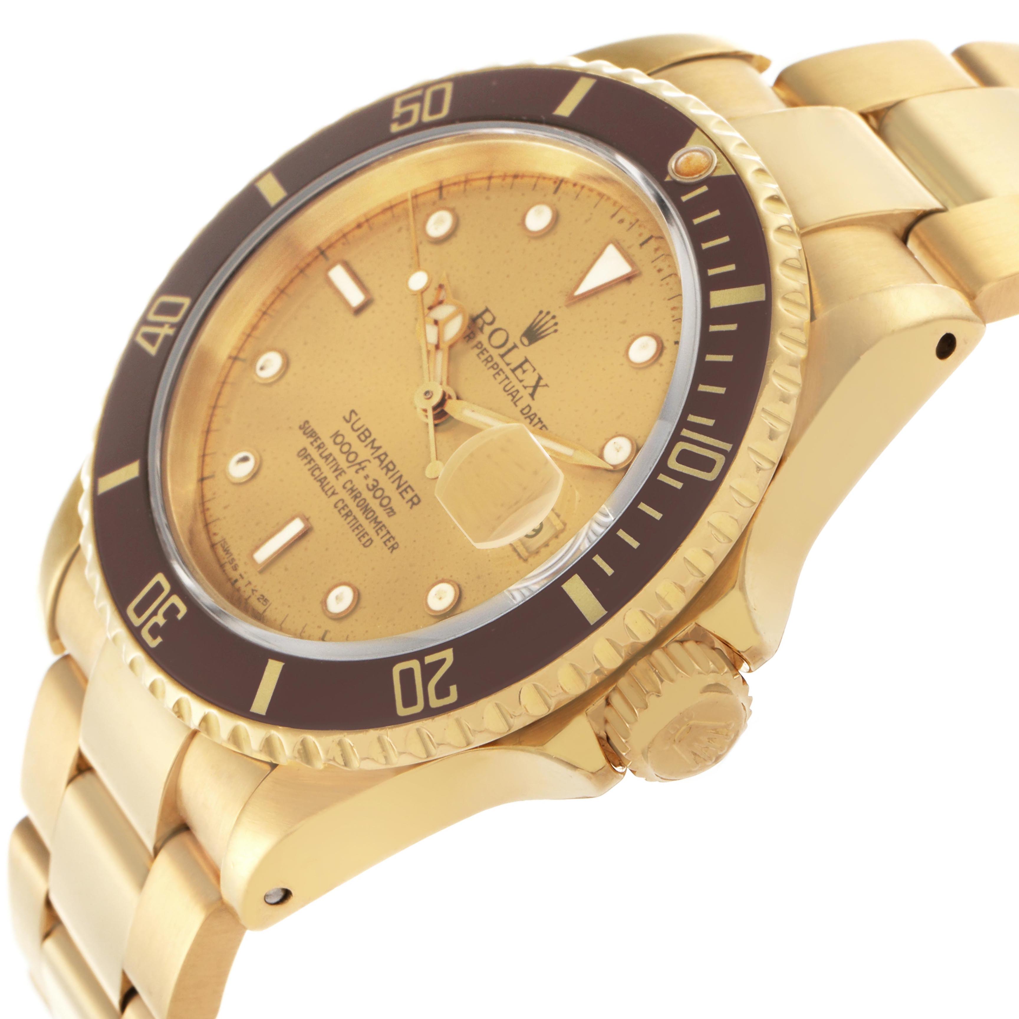 The Rolex Submariner 16618 Men's Yellow Gold Champagne Dial 16618 Men's Yellow Gold Champagne Dial watch is shown at a slight angled side view, highlighting the bezel, crown, and bracelet.