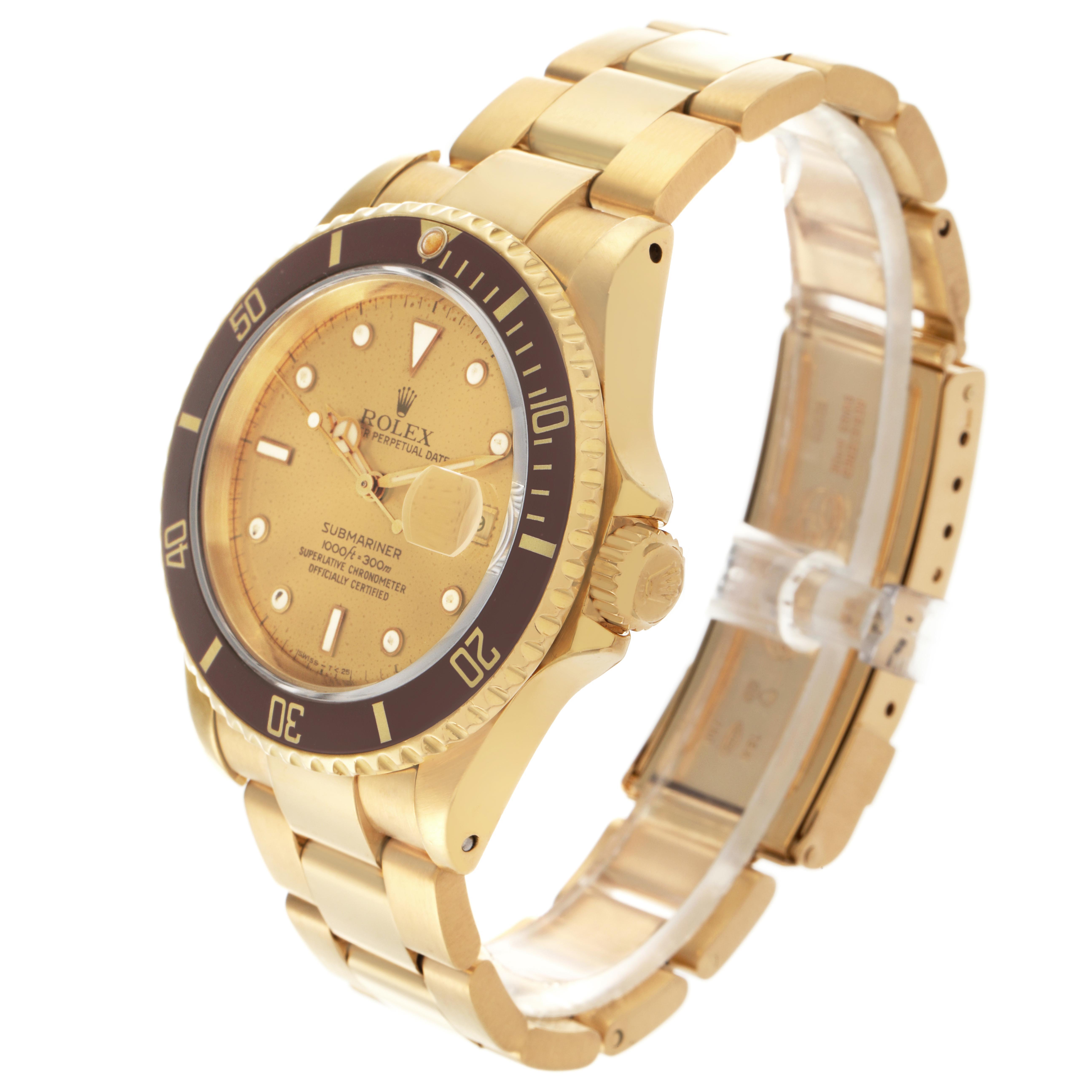 The Rolex Submariner 16618 Men's Yellow Gold Champagne Dial 16618 Men's Yellow Gold Champagne Dial is shown at a three-quarter angle, highlighting the bezel, dial, crown, and bracelet.