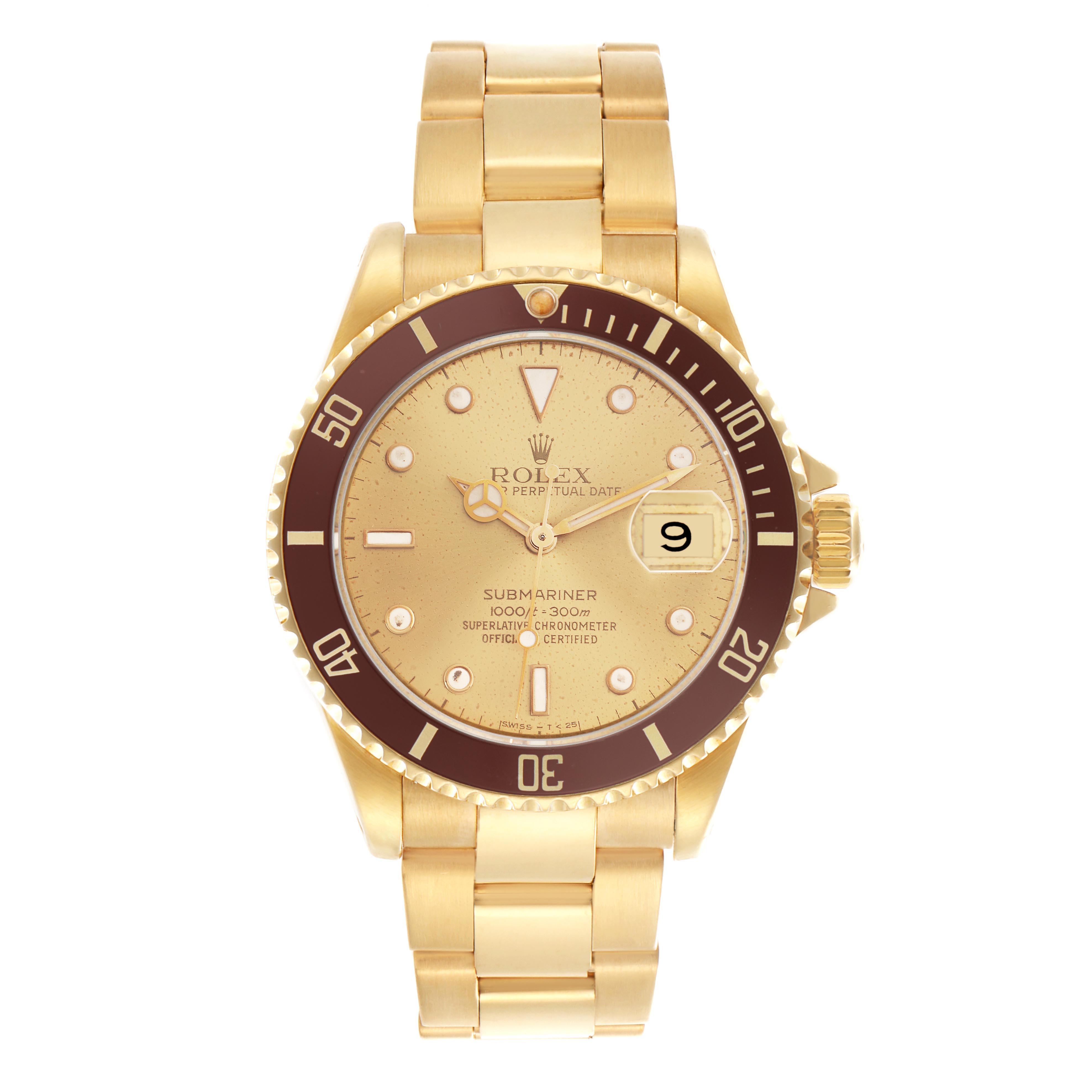 The Rolex Submariner 16618 Men's Yellow Gold Champagne Dial 16618 Men's Yellow Gold Champagne Dial watch is shown from a top-down angle, displaying its dial, bezel, crown, and bracelet.