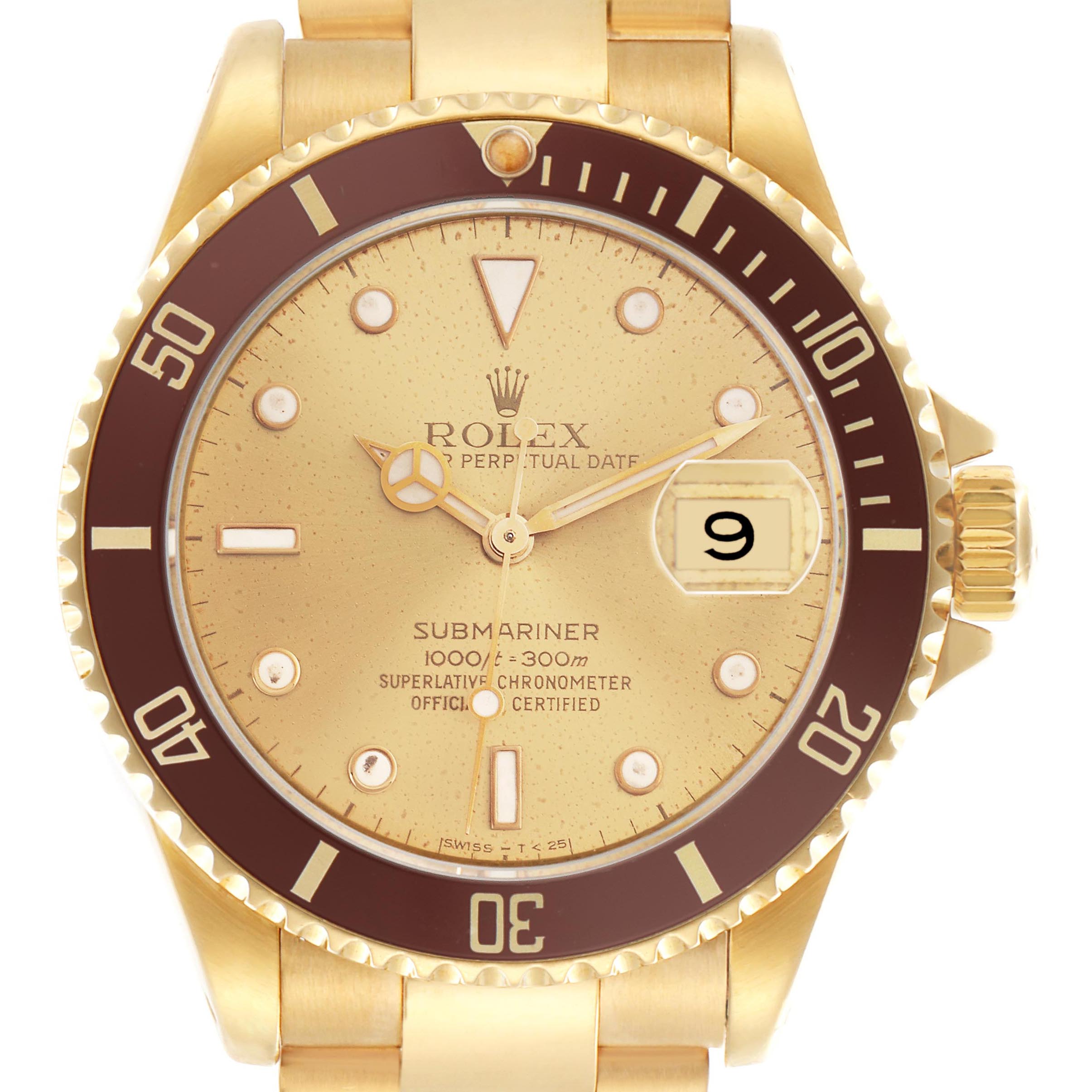 The Rolex Submariner 16618 Men's Yellow Gold Champagne Dial 16618 Men's Yellow Gold Champagne Dial is shown from the front, displaying the dial, bezel, hands, and crown.