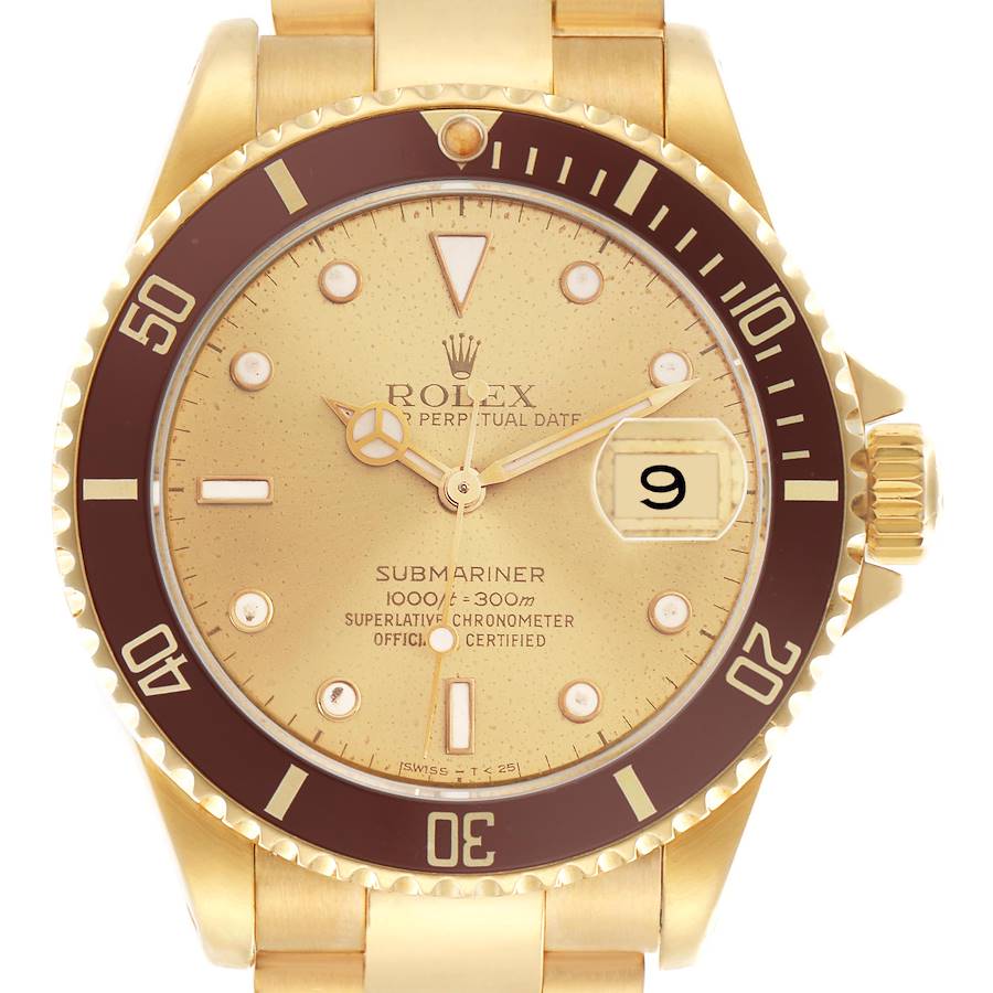 The Rolex Submariner is shown from the front, displaying the dial, bezel, hands, and crown.