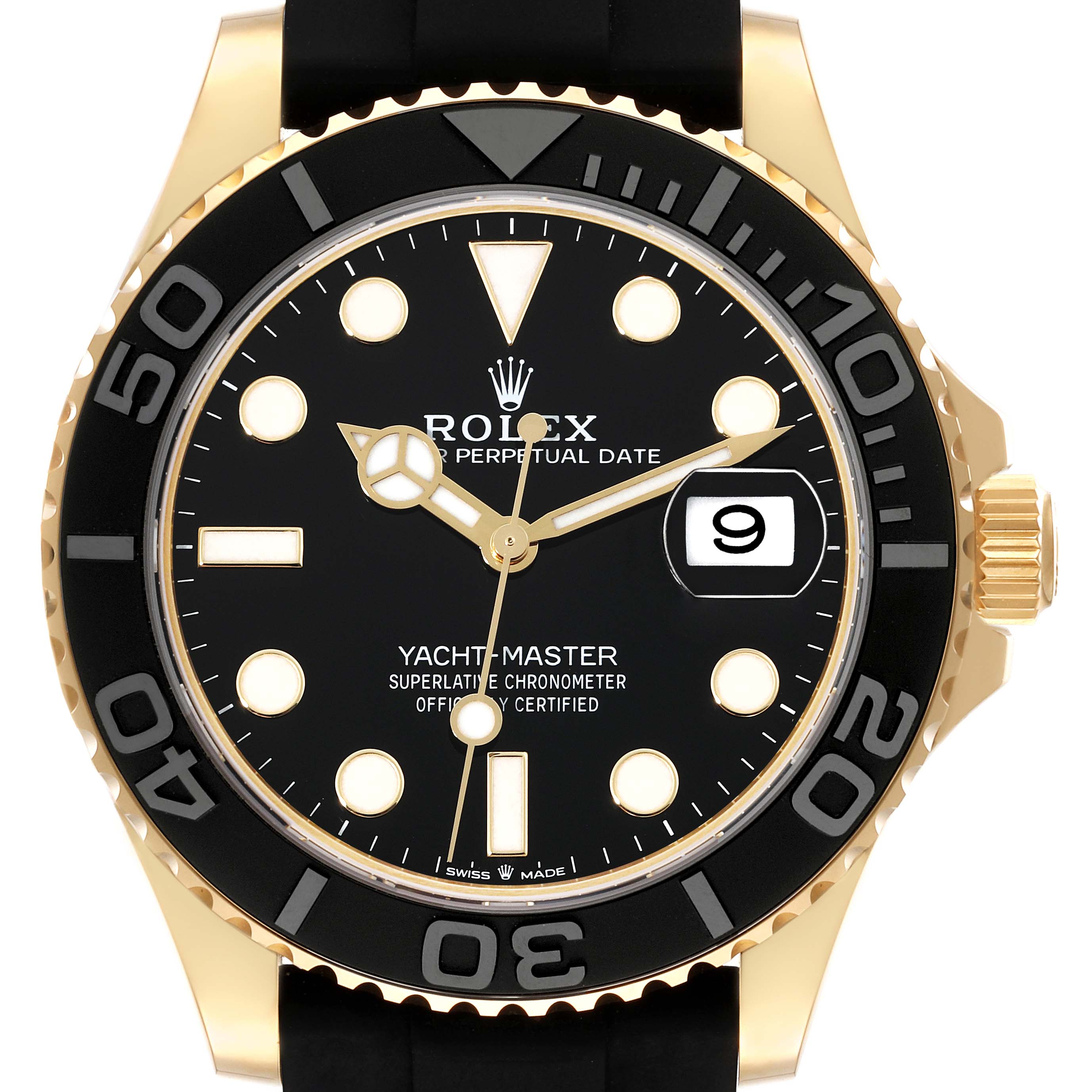 The image shows a frontal view of a Rolex Yacht-Master 226658 Men's Yellow Gold Black Dial 226658 Men's Yellow Gold Black Dial watch, highlighting the dial, bezel, and crown.