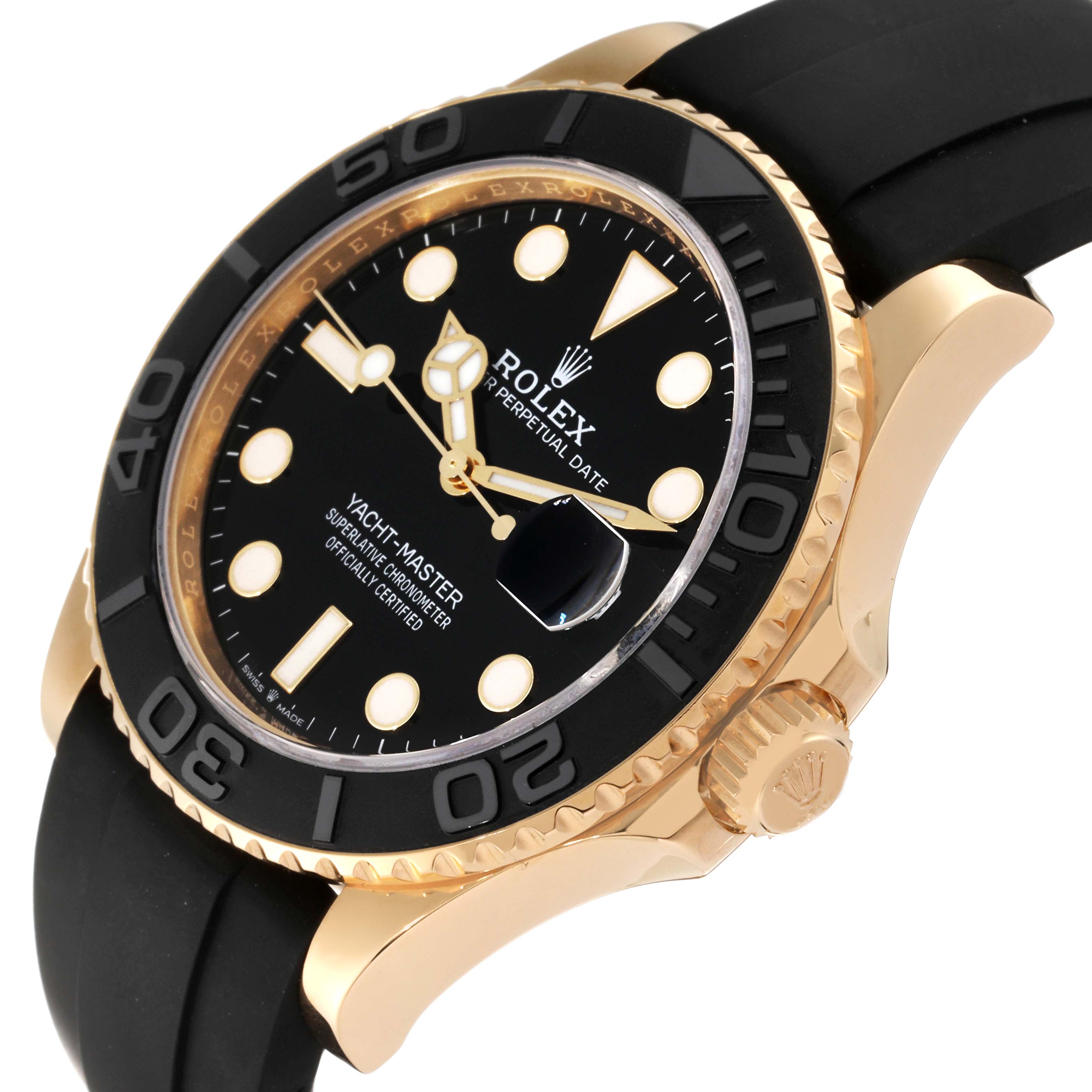 The image shows a Rolex Yacht-Master 226658 Men's Yellow Gold Black Dial 226658 Men's Yellow Gold Black Dial watch at an angled view, highlighting the face, bezel, crown, and part of the strap.