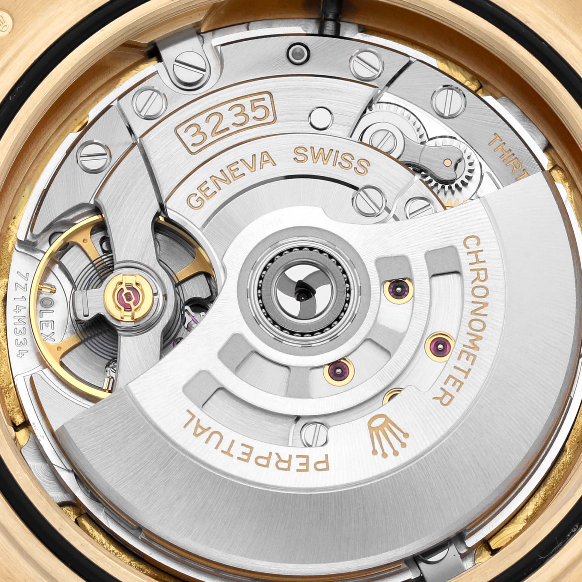 The image shows a close-up view of the movement mechanism in a Rolex Yacht-Master 226658 Men's Yellow Gold Black Dial 226658 Men's Yellow Gold Black Dial watch, specifically the Caliber 3235.