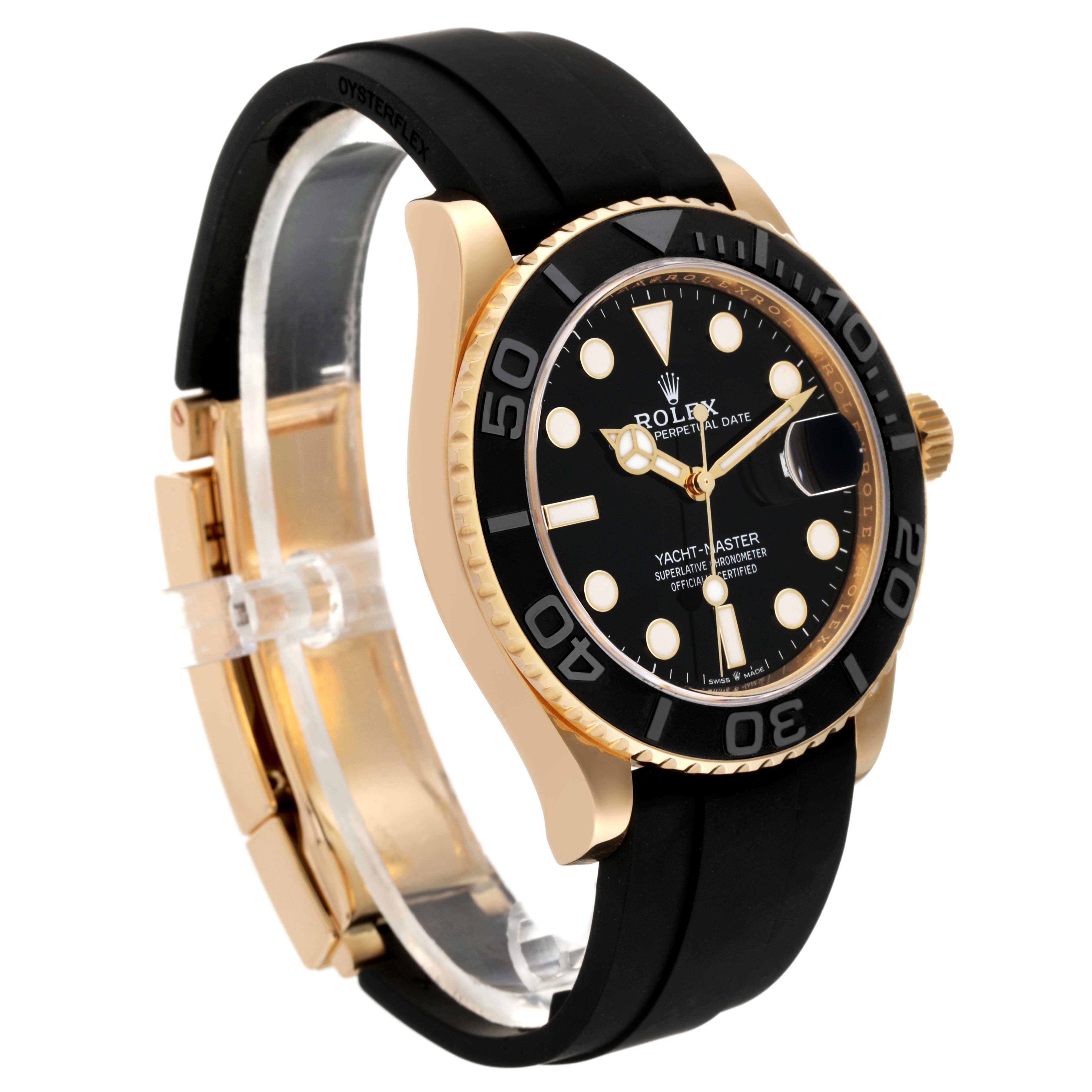 The image shows a side angle of a Rolex Yacht-Master 226658 Men's Yellow Gold Black Dial 226658 Men's Yellow Gold Black Dial watch, displaying its face, bezel, crown, and rubber strap.