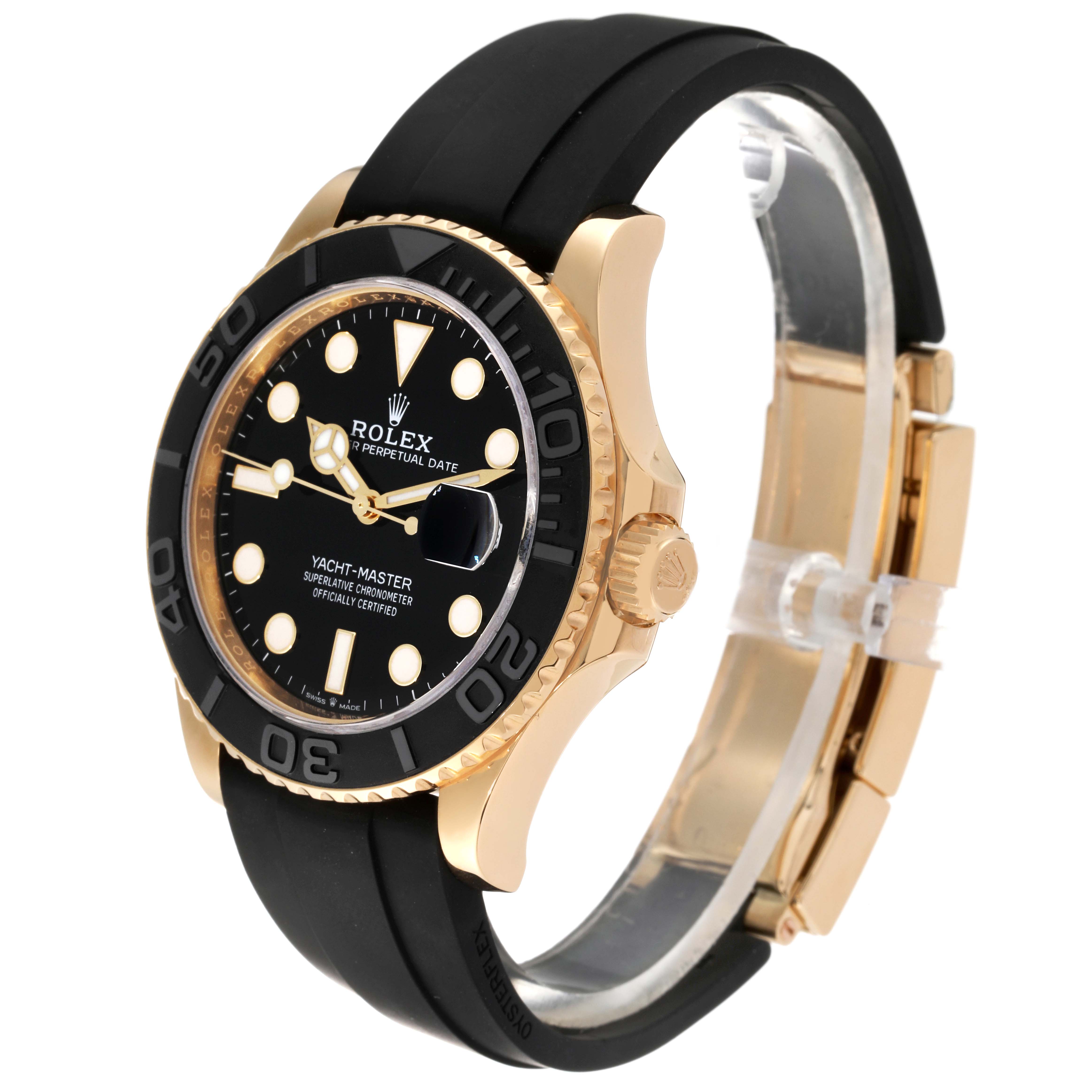 The image shows a side and partial front view of a Rolex Yacht-Master 226658 Men's Yellow Gold Black Dial 226658 Men's Yellow Gold Black Dial watch, highlighting its black dial, bezel, gold case, and black strap.