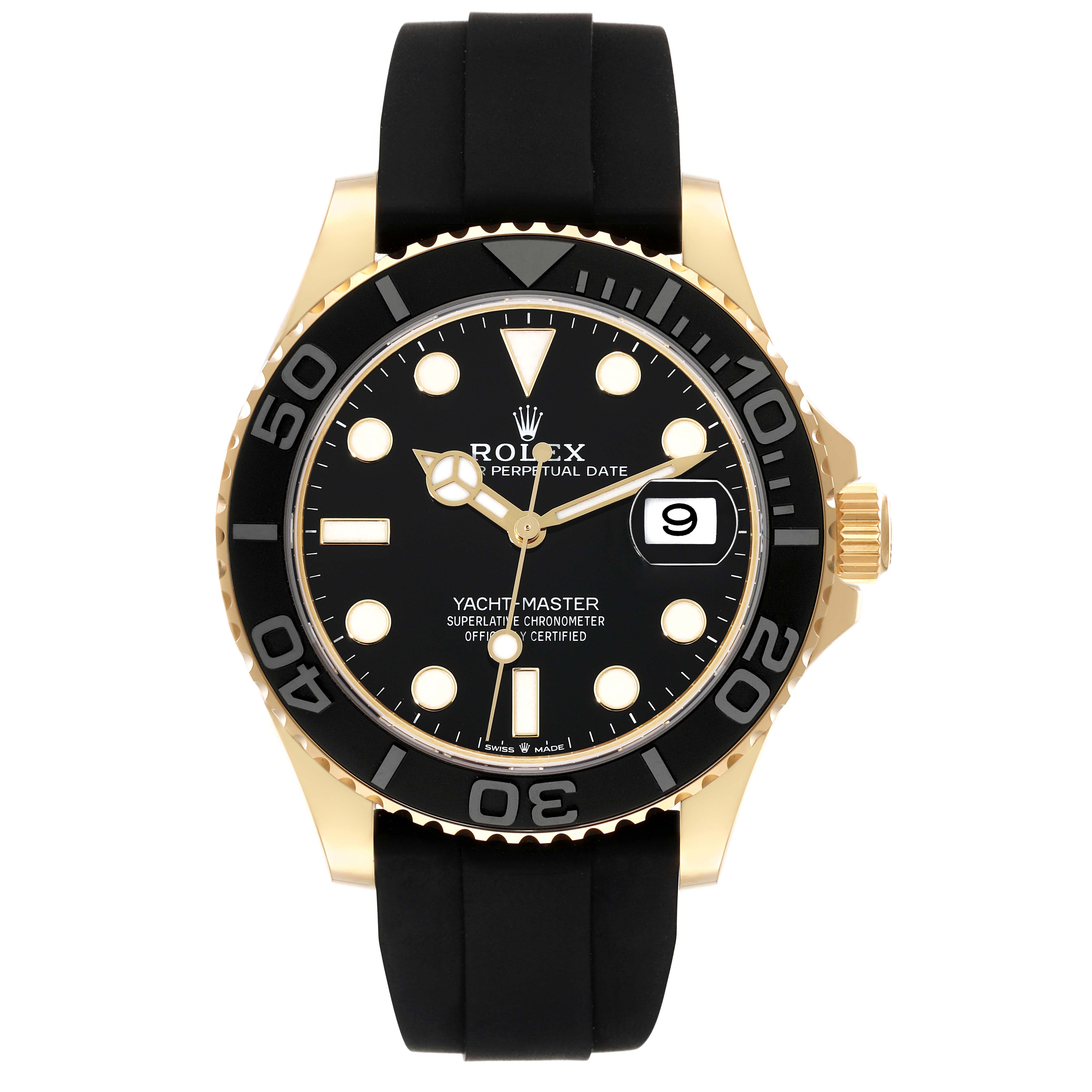 This is a front view of a Rolex Yacht-Master 226658 Men's Yellow Gold Black Dial 226658 Men's Yellow Gold Black Dial watch, showing the face, bezel, and black rubber strap.