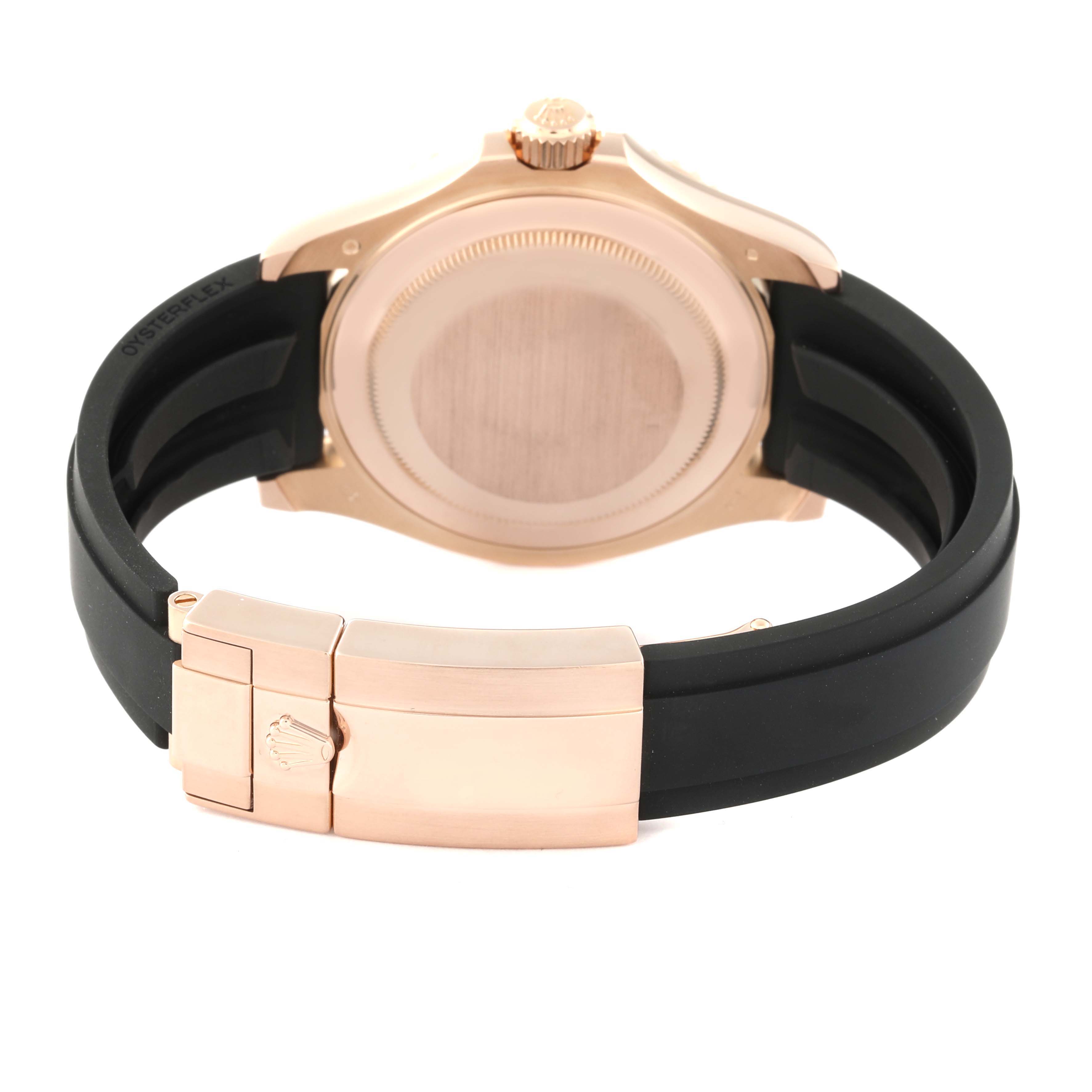 This image shows the back case and clasp of a Rolex Yacht-Master 116655 Men's Rose Gold Black Dial 116655 Men's Rose Gold Black Dial watch, including its black Oysterflex bracelet.