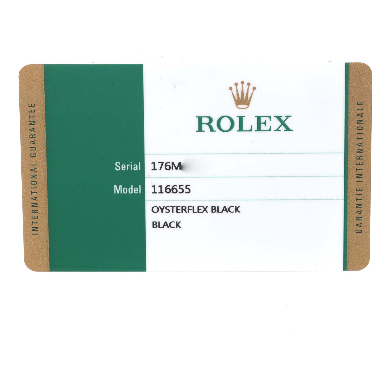 This image shows the international guarantee card for a Rolex Yacht-Master 116655 Men's Rose Gold Black Dial 116655 Men's Rose Gold Black Dial model 116655 with Oysterflex Black.