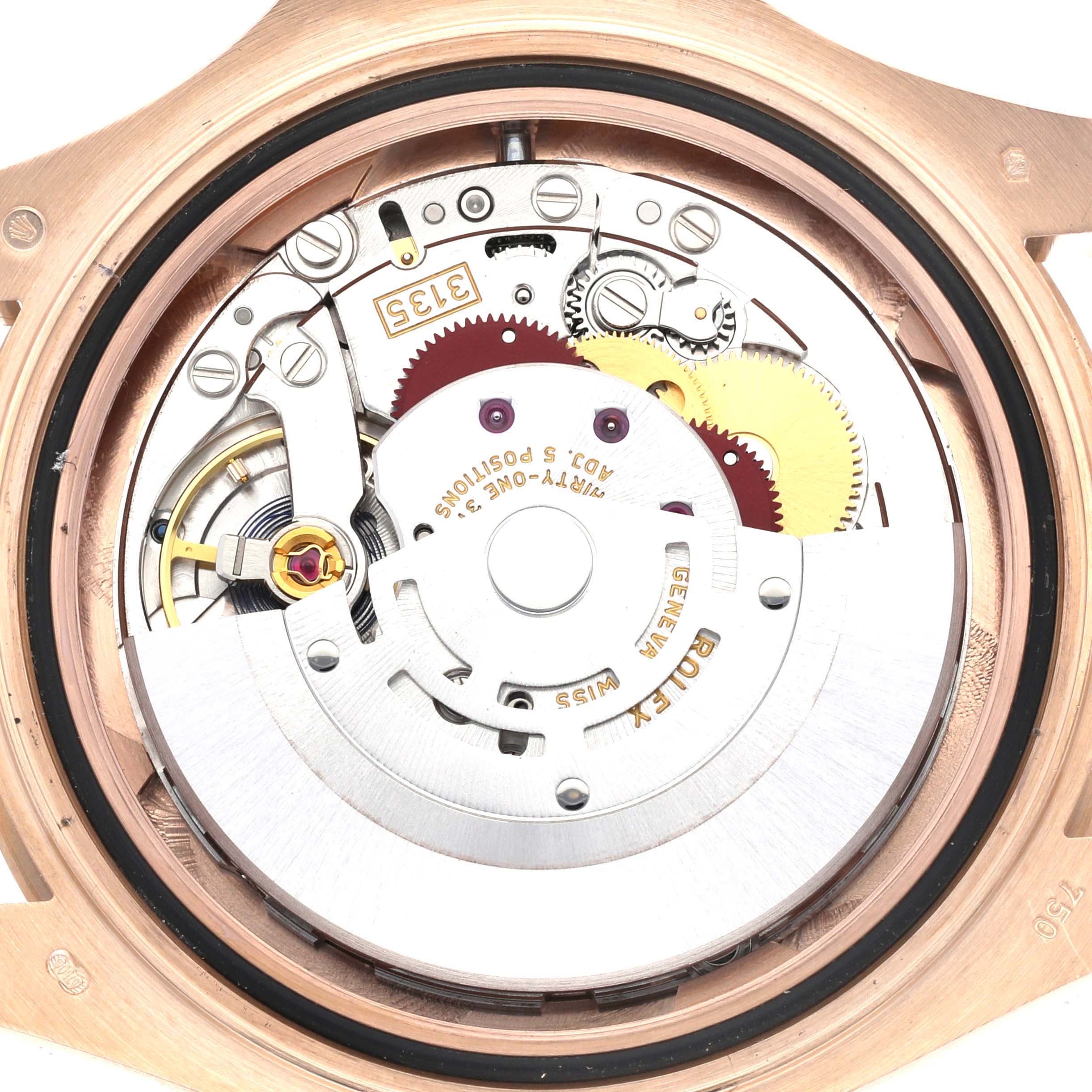 This image shows the inner mechanism and movement parts of a Rolex Yacht-Master 116655 Men's Rose Gold Black Dial 116655 Men's Rose Gold Black Dial watch from a back angle.