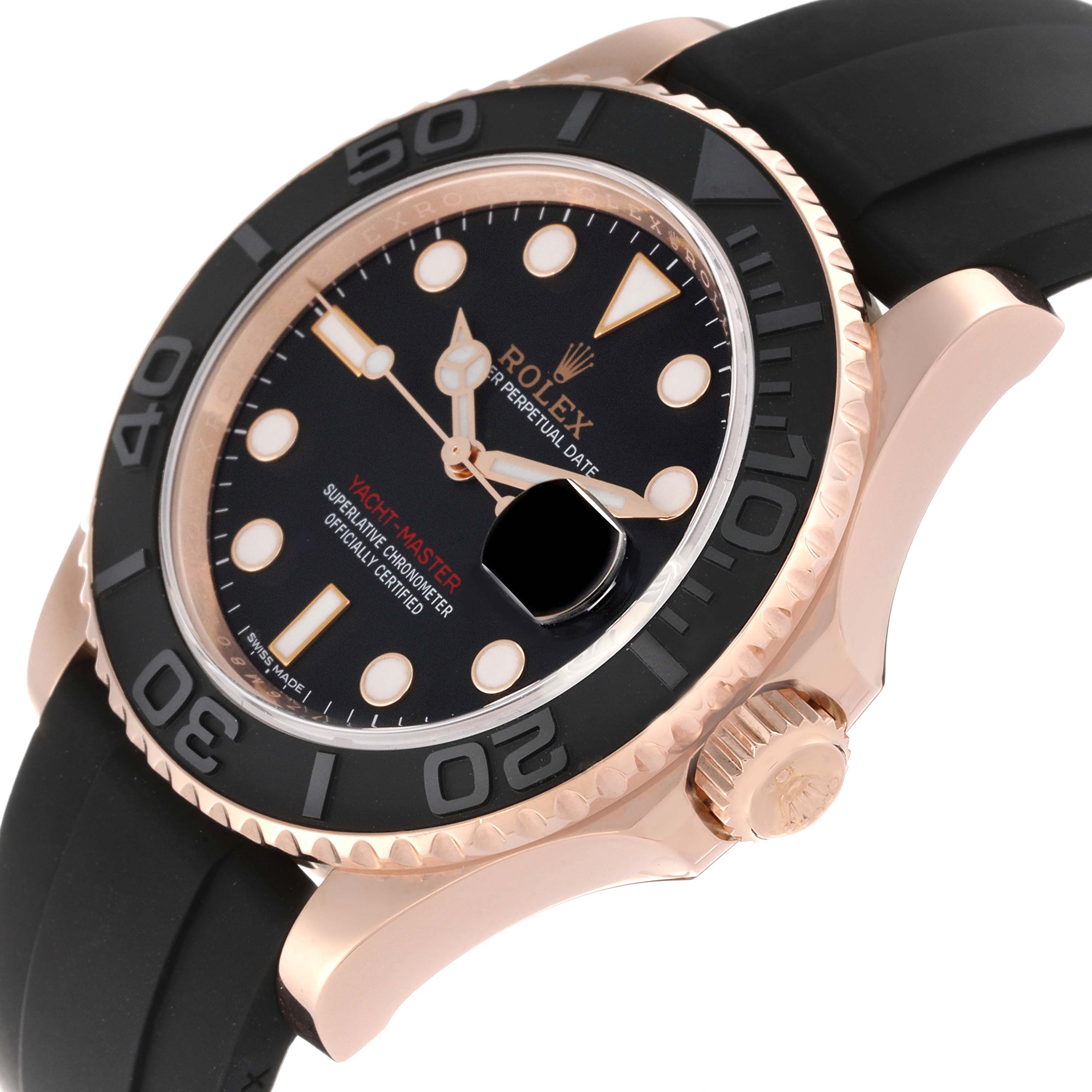 The Rolex Yacht-Master 116655 Men's Rose Gold Black Dial 116655 Men's Rose Gold Black Dial watch is shown at an angle displaying the face, bezel, crown, and part of the rubber strap.
