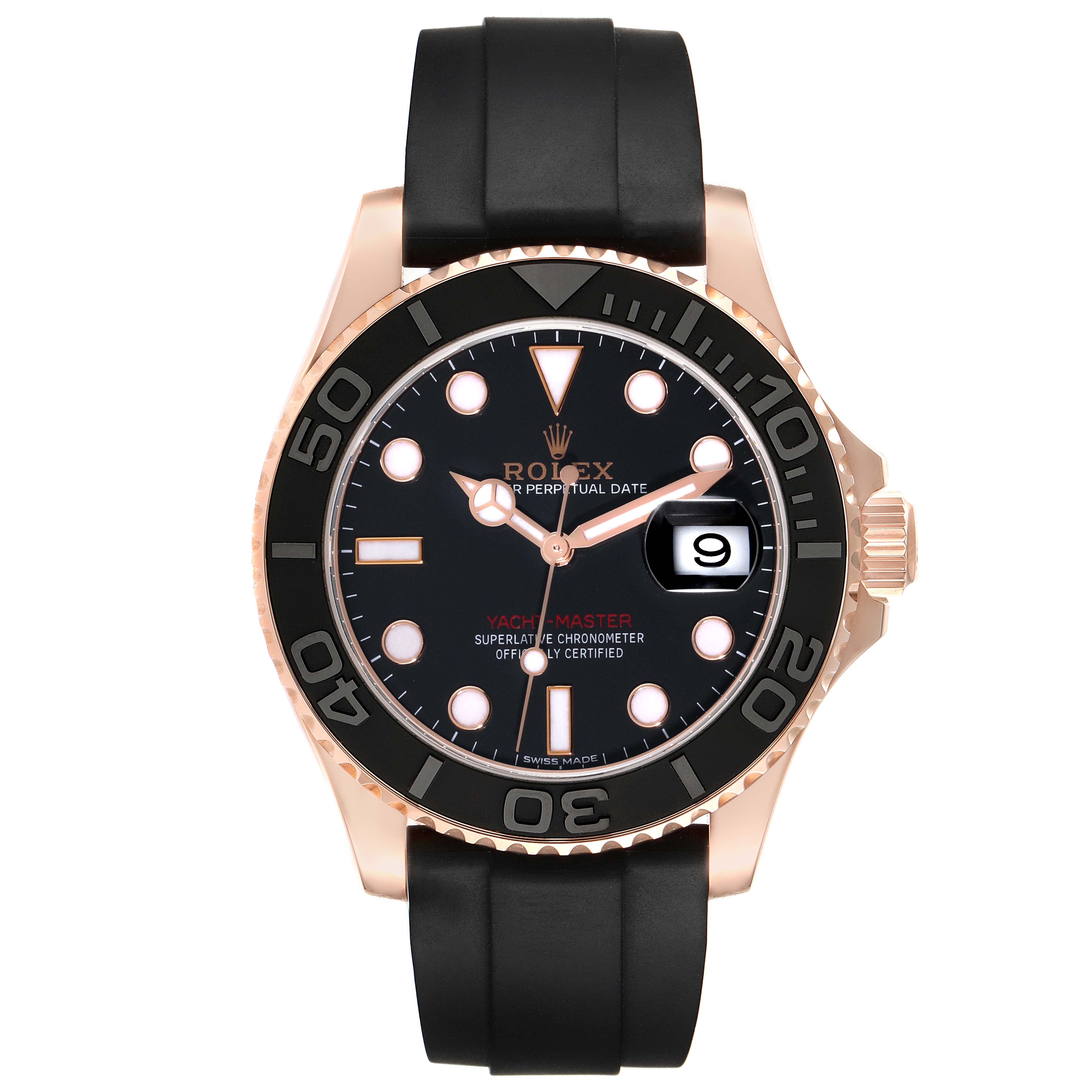 The image shows a frontal view of a Rolex Yacht-Master 116655 Men's Rose Gold Black Dial 116655 Men's Rose Gold Black Dial watch, highlighting its dial, bezel, and rubber strap.