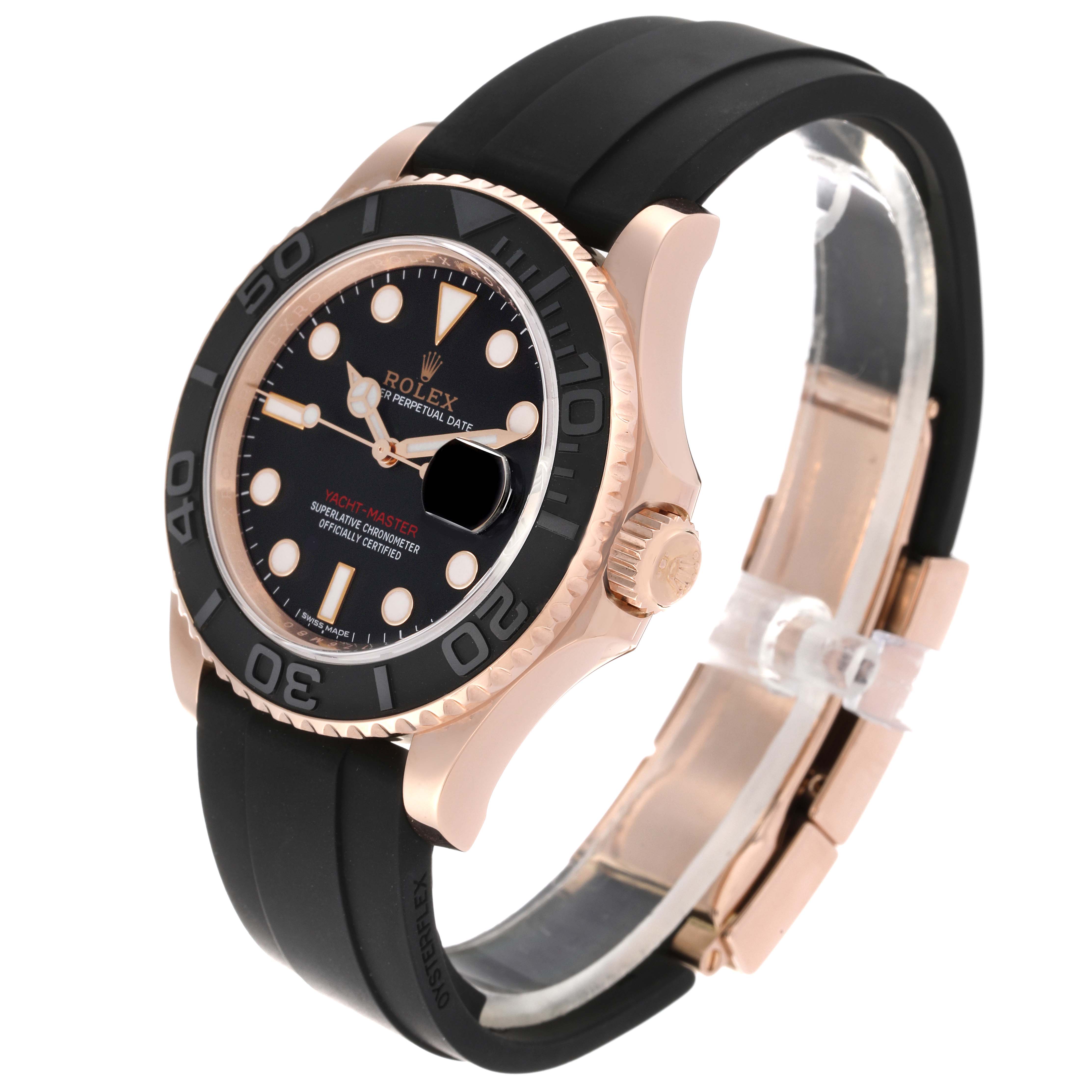 The Rolex Yacht-Master 116655 Men's Rose Gold Black Dial 116655 Men's Rose Gold Black Dial watch is shown at a three-quarter angle, clearly displaying its face, strap, and crown.