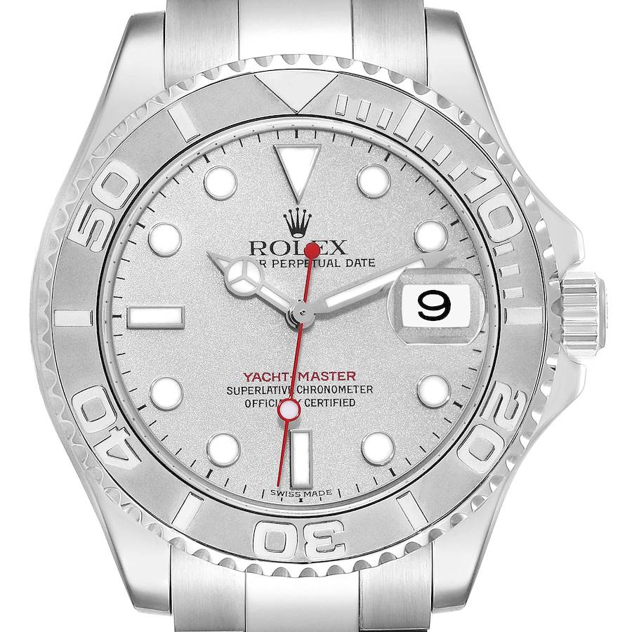 The Rolex Yacht-Master watch is shown from a front angle, highlighting the dial, bezel, and part of the bracelet.