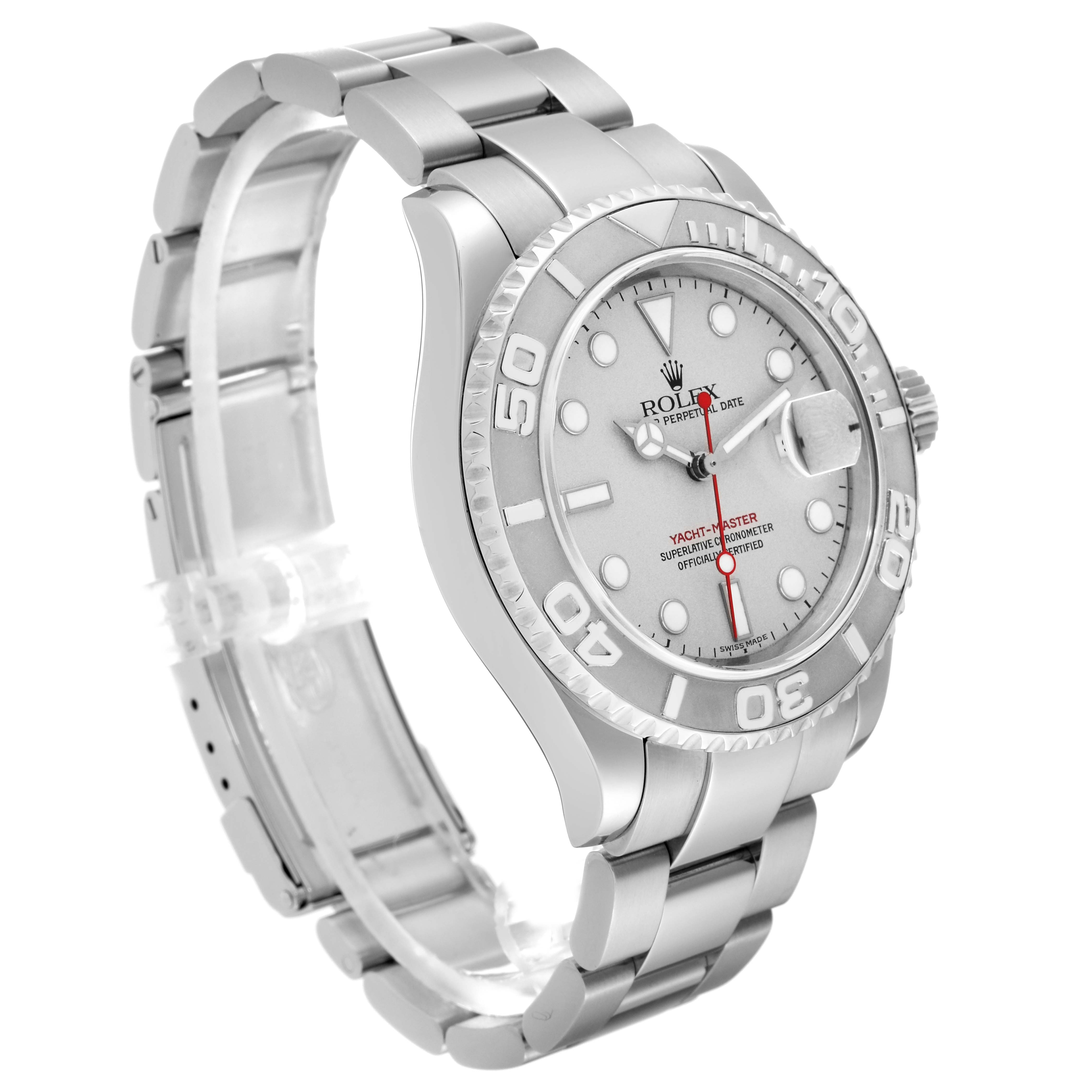 The Rolex Yacht-Master 16622 Men
s Stainless Steel Silver Dial 16622 Men
s Stainless Steel Silver Dial is shown at a three-quarter angle, highlighting the bracelet, bezel, and crown.