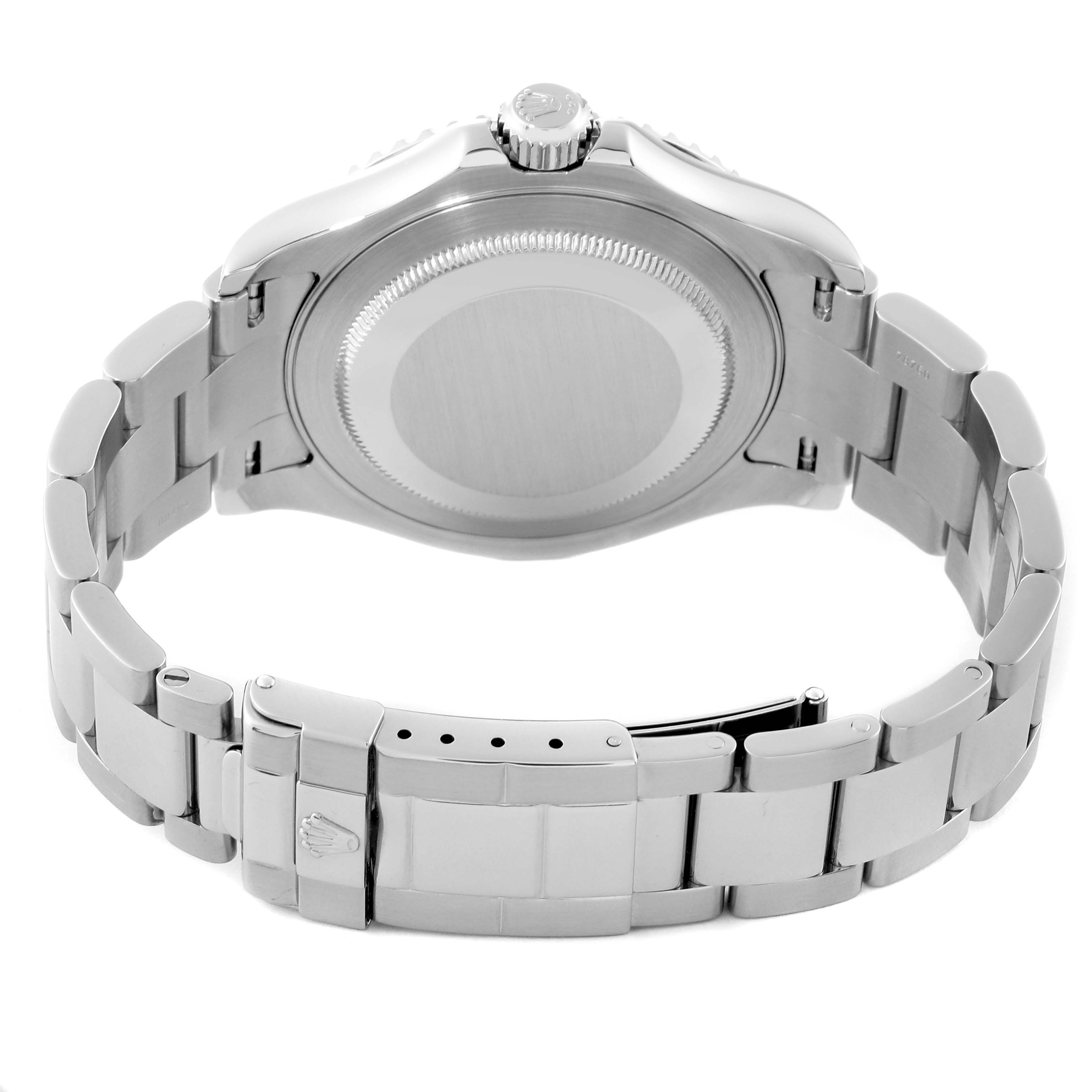 The image shows the back and bracelet of a Rolex Yacht-Master 16622 Men
s Stainless Steel Silver Dial 16622 Men
s Stainless Steel Silver Dial watch from a rear angle.