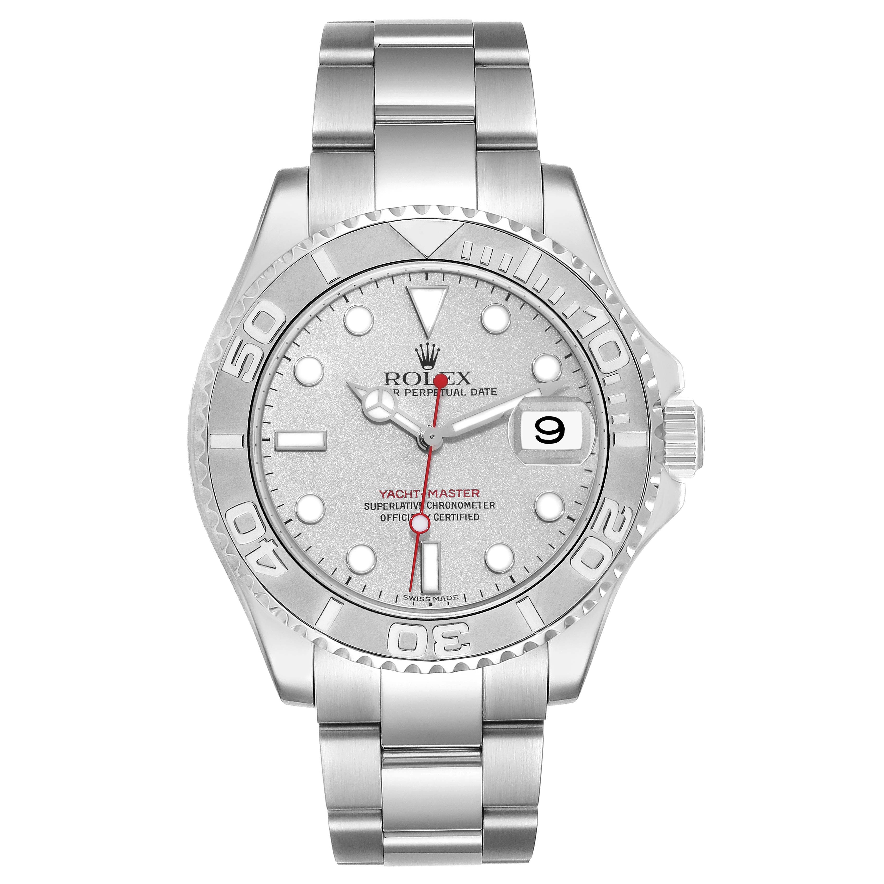The Rolex Yacht-Master 16622 Men
s Stainless Steel Silver Dial 16622 Men
s Stainless Steel Silver Dial watch is shown from the front, displaying the dial, bezel, and bracelet clearly.