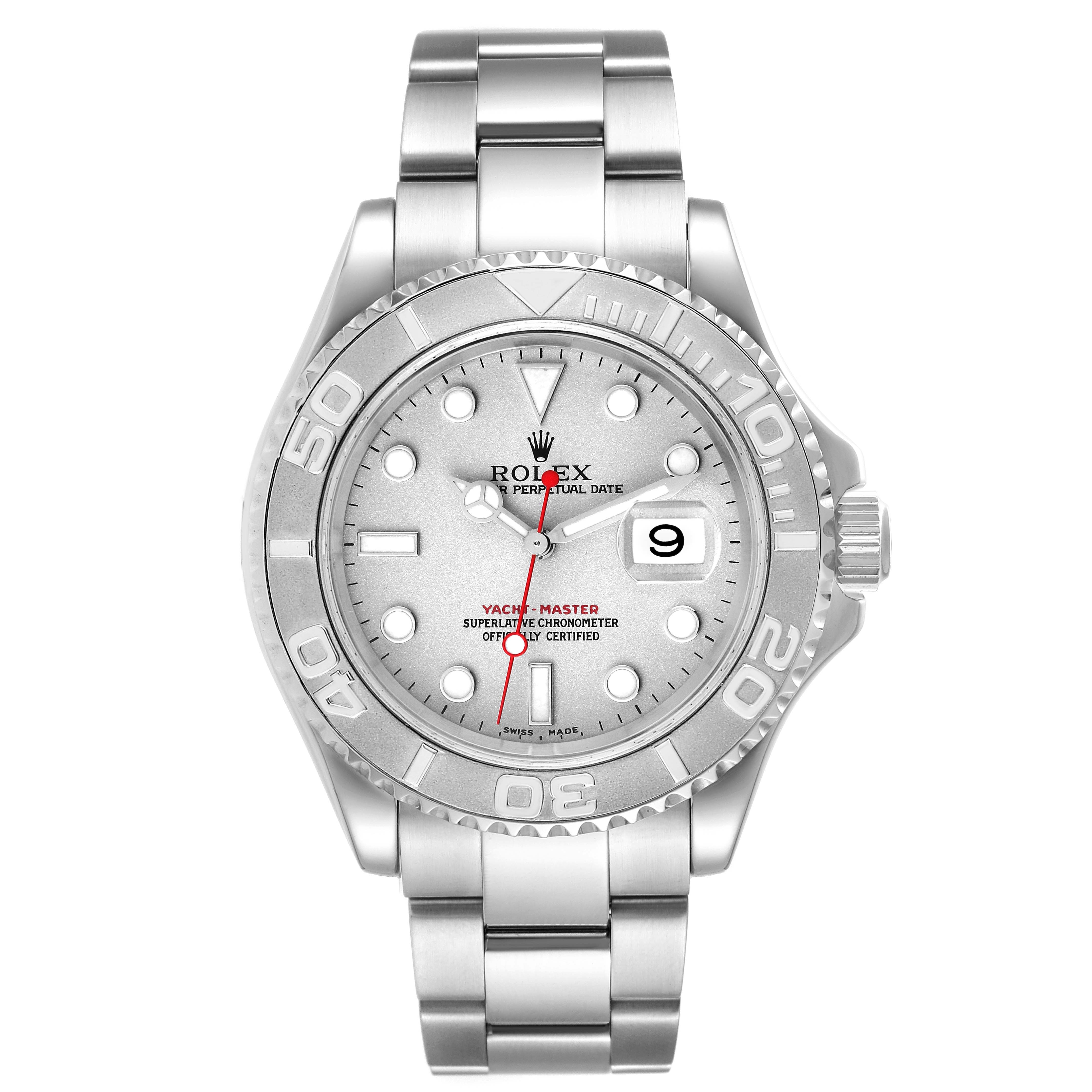 The image shows a front view of a Rolex Yacht-Master 16622 Men
s Stainless Steel Silver Dial 16622 Men
s Stainless Steel Silver Dial watch, highlighting its face, bezel, bracelet, and crown.