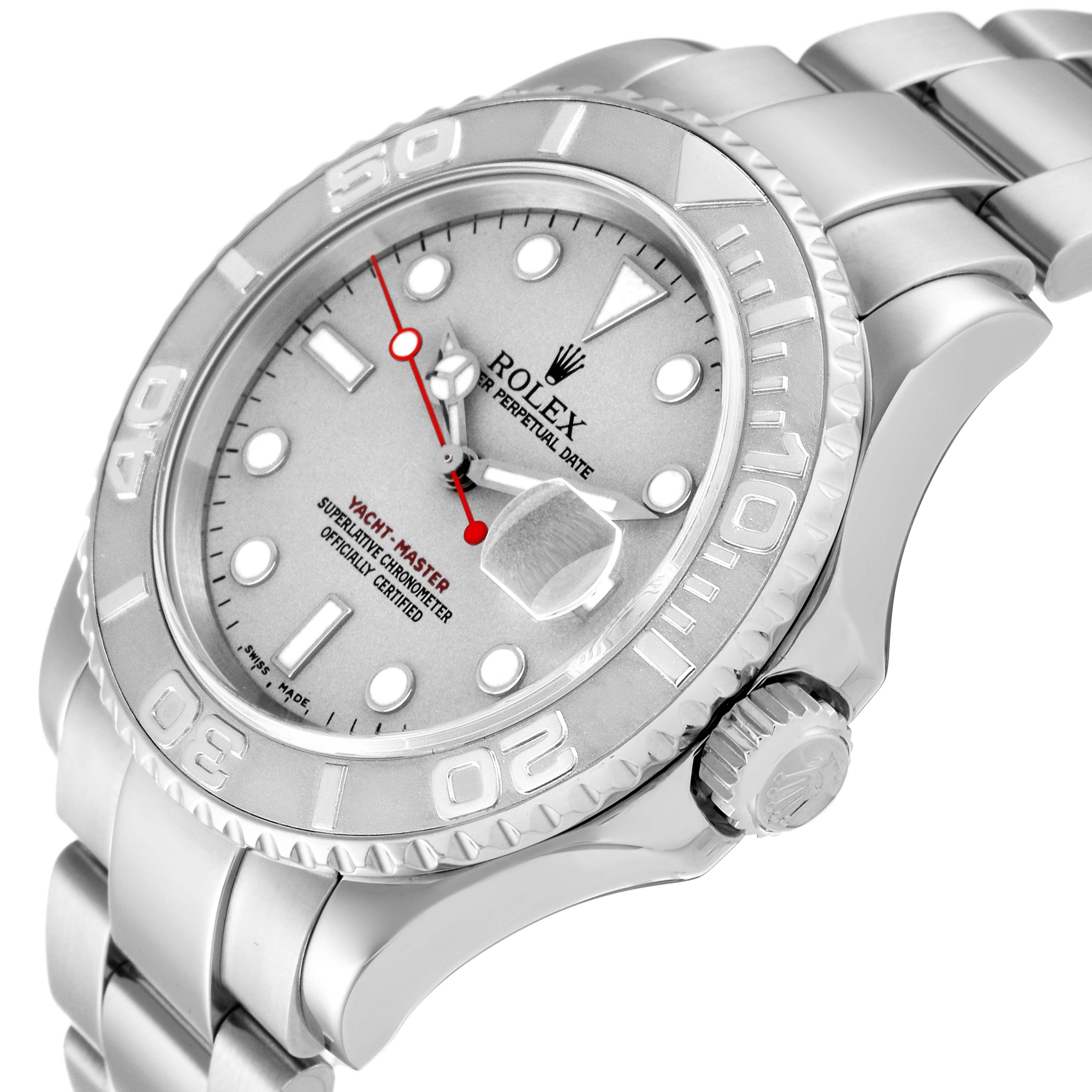The image shows a Rolex Yacht-Master 16622 Men
s Stainless Steel Silver Dial 16622 Men
s Stainless Steel Silver Dial watch angled to display its face, bezel, crown, and part of the bracelet.