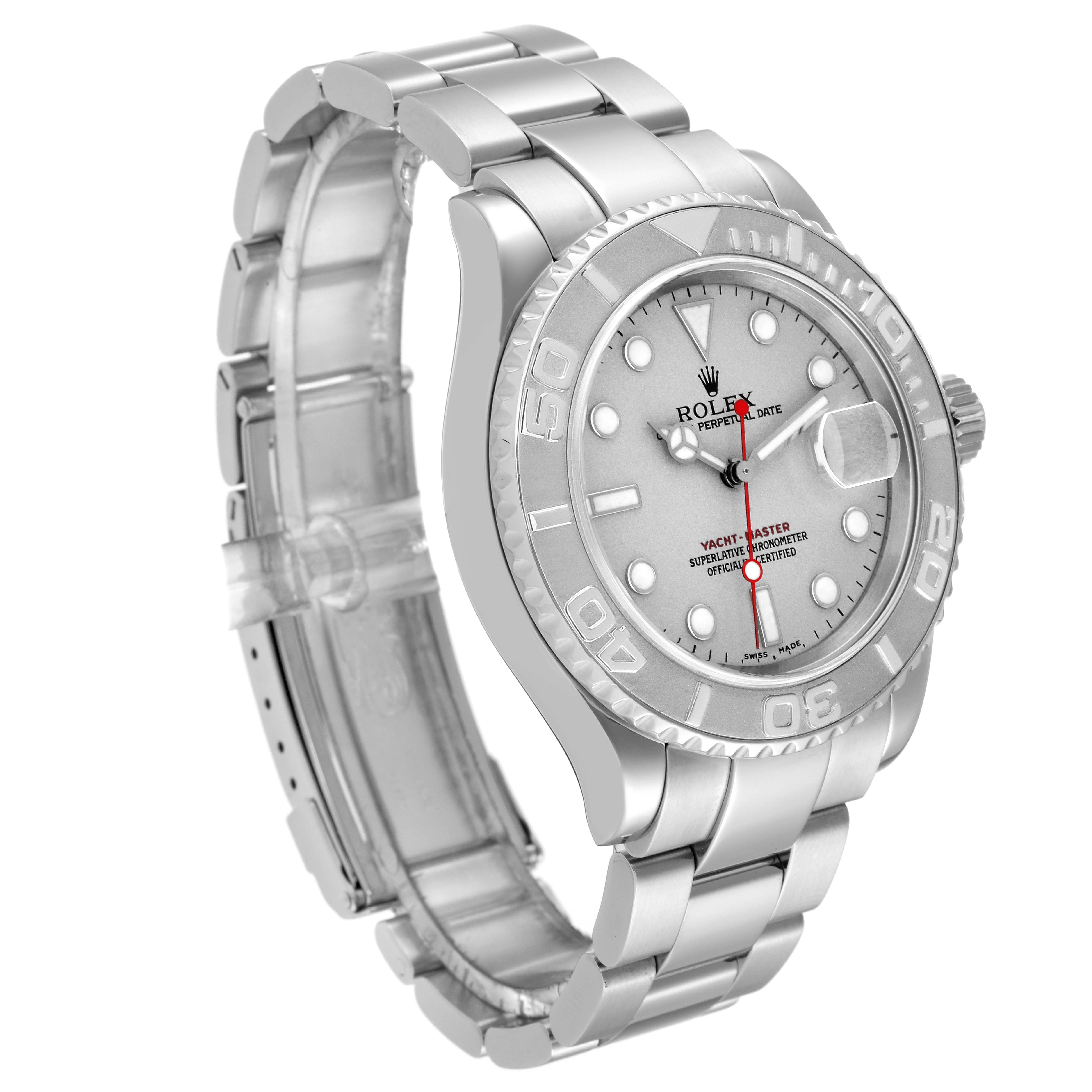 The Rolex Yacht-Master 16622 Men
s Stainless Steel Silver Dial 16622 Men
s Stainless Steel Silver Dial watch is shown at a side angle, highlighting the bracelet, bezel, and face.