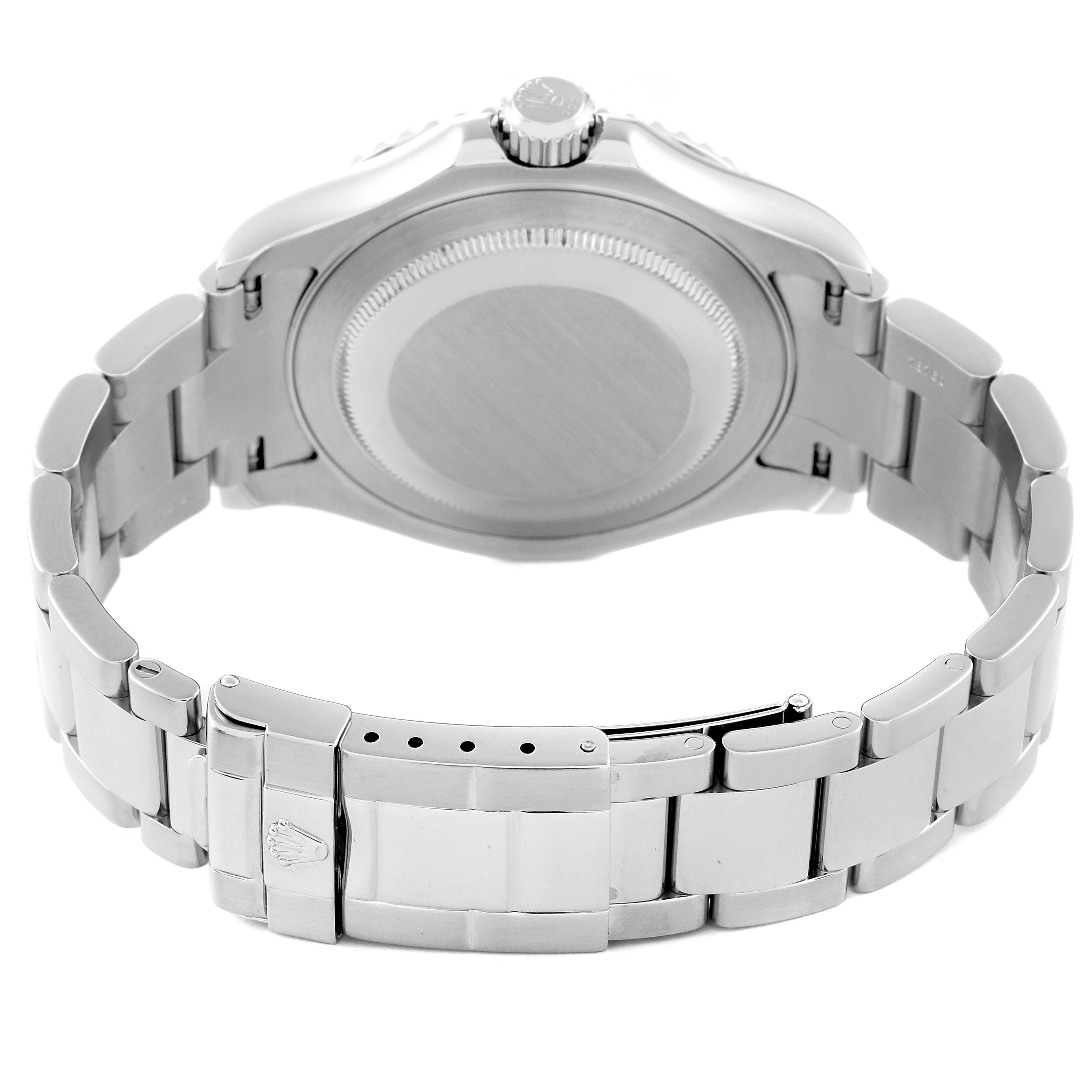 The image shows the back of a Rolex Yacht-Master 16622 Men
s Stainless Steel Silver Dial 16622 Men
s Stainless Steel Silver Dial watch, focusing on the clasp, bracelet, and case back.