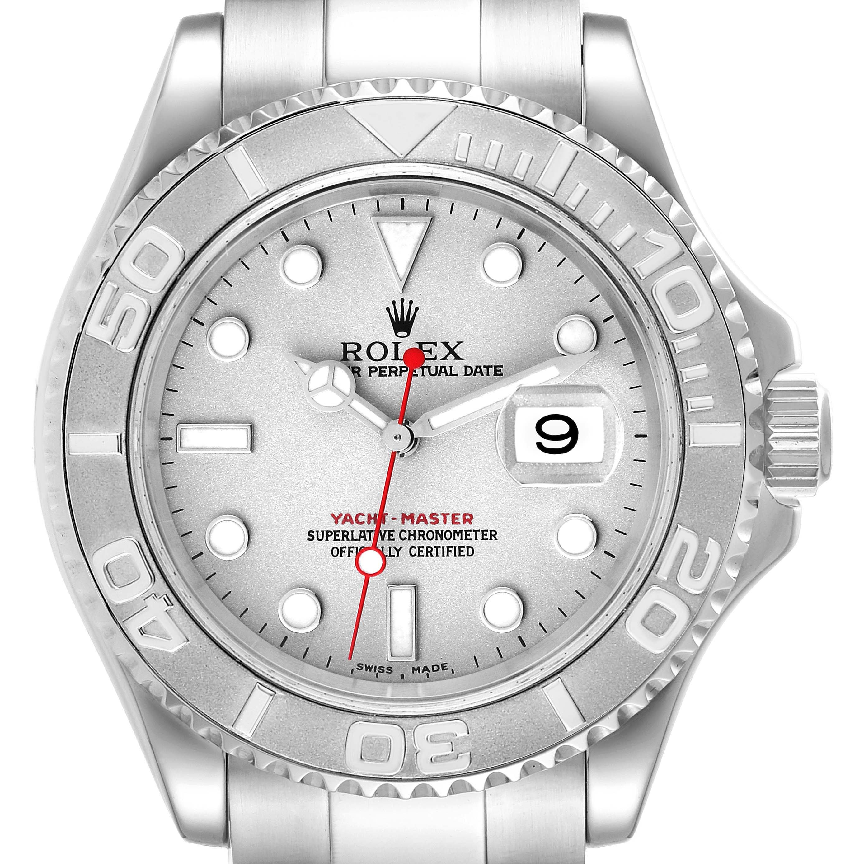 The Rolex Yacht-Master 16622 Men
s Stainless Steel Silver Dial 16622 Men
s Stainless Steel Silver Dial watch is shown from a front angle, highlighting its bezel, dial, hands, and crown.
