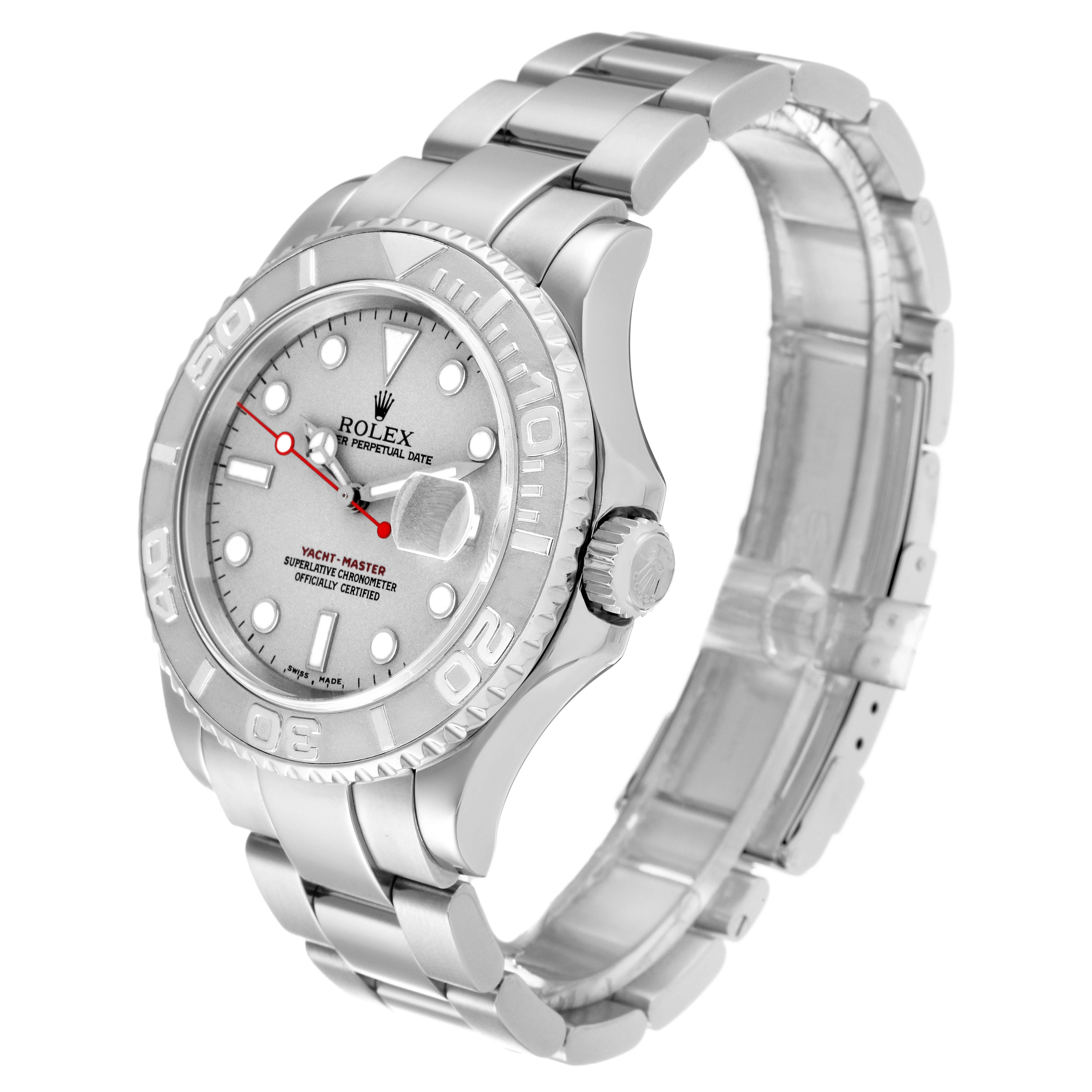 The image shows a side and front angle view of a Rolex Yacht-Master 16622 Men
s Stainless Steel Silver Dial 16622 Men
s Stainless Steel Silver Dial watch, highlighting the dial, bezel, crown, and bracelet.