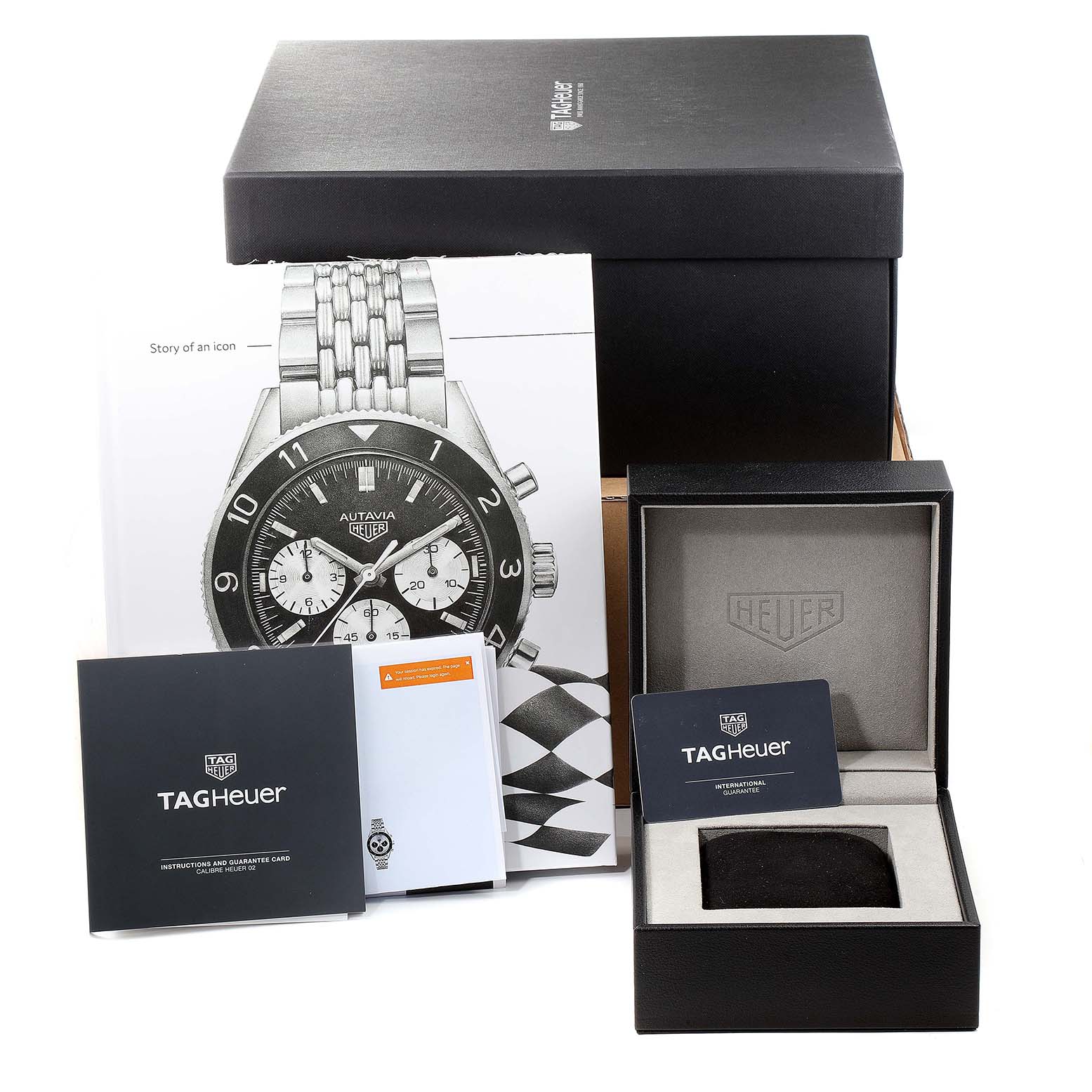 The image shows a Tag Heuer Autavia CBE2111.BA0687 Men's Stainless Steel Silver Dial CBE2111.BA0687 Men's Stainless Steel Silver Dial watch box, guarantee card, instruction manual, and a promotional image of the watch.