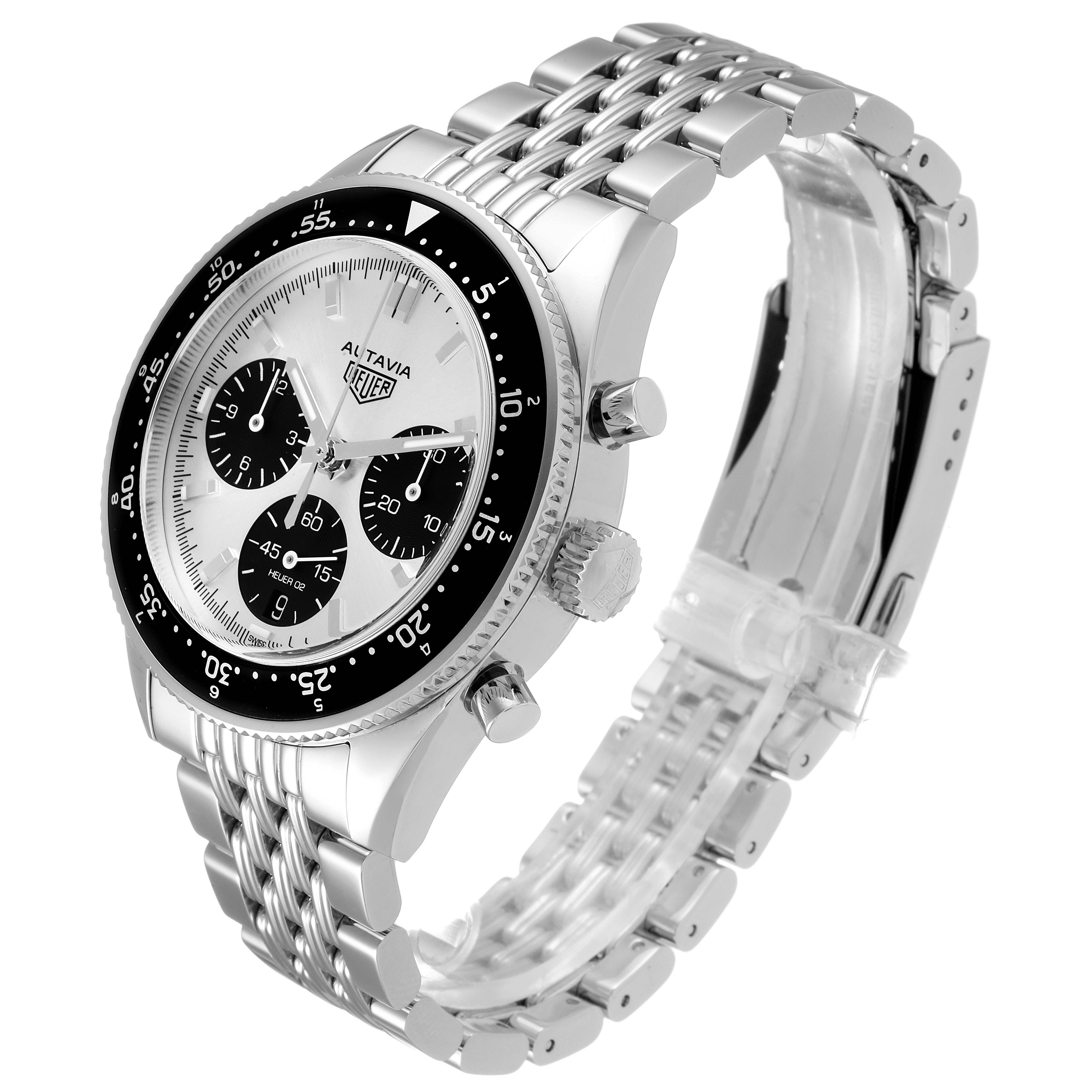 The Tag Heuer Autavia CBE2111.BA0687 Men's Stainless Steel Silver Dial CBE2111.BA0687 Men's Stainless Steel Silver Dial watch is shown at a three-quarter angle, highlighting the face, bezel, and metal bracelet.