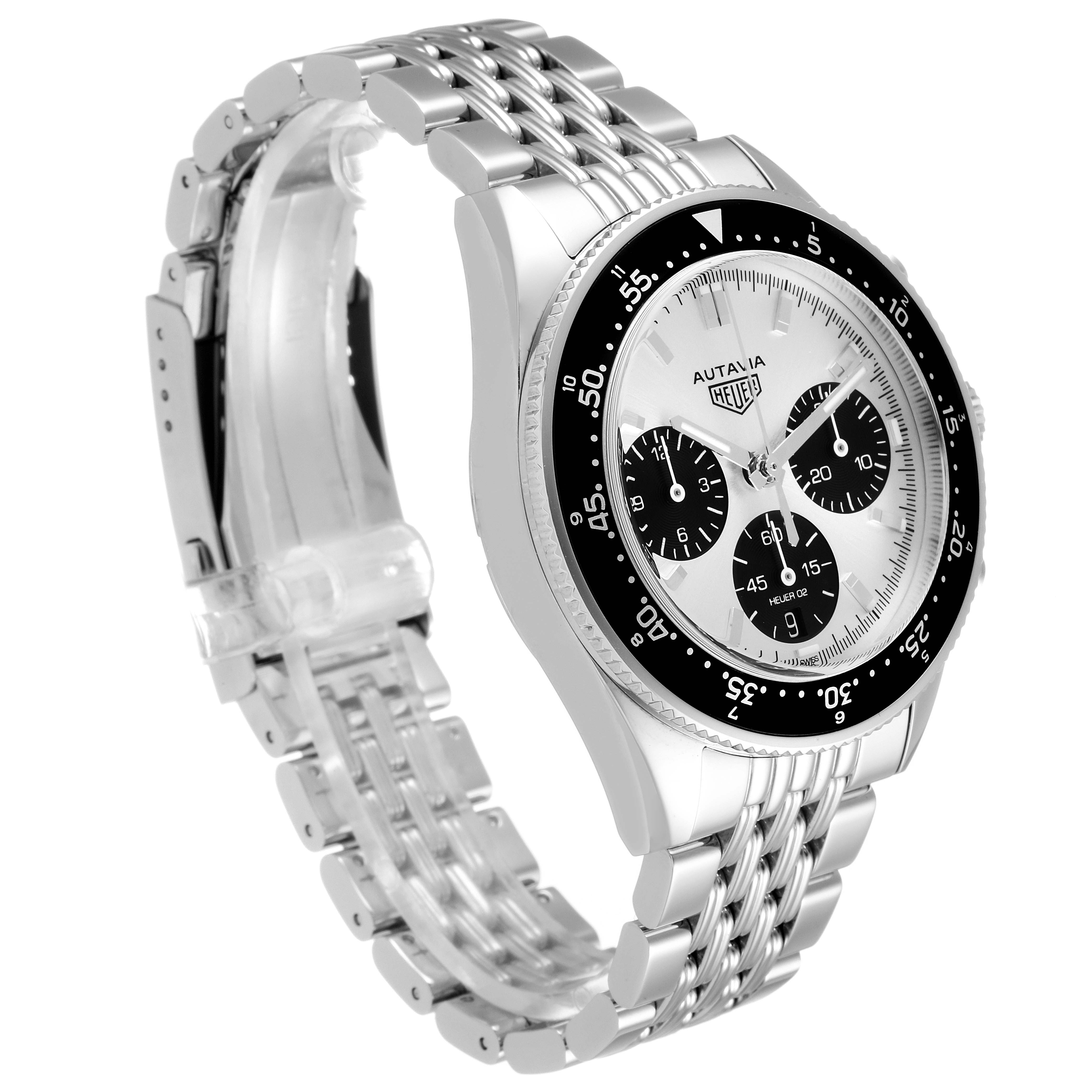 The Tag Heuer Autavia CBE2111.BA0687 Men's Stainless Steel Silver Dial CBE2111.BA0687 Men's Stainless Steel Silver Dial watch is shown at a three-quarter angle, displaying its face and stainless steel bracelet.