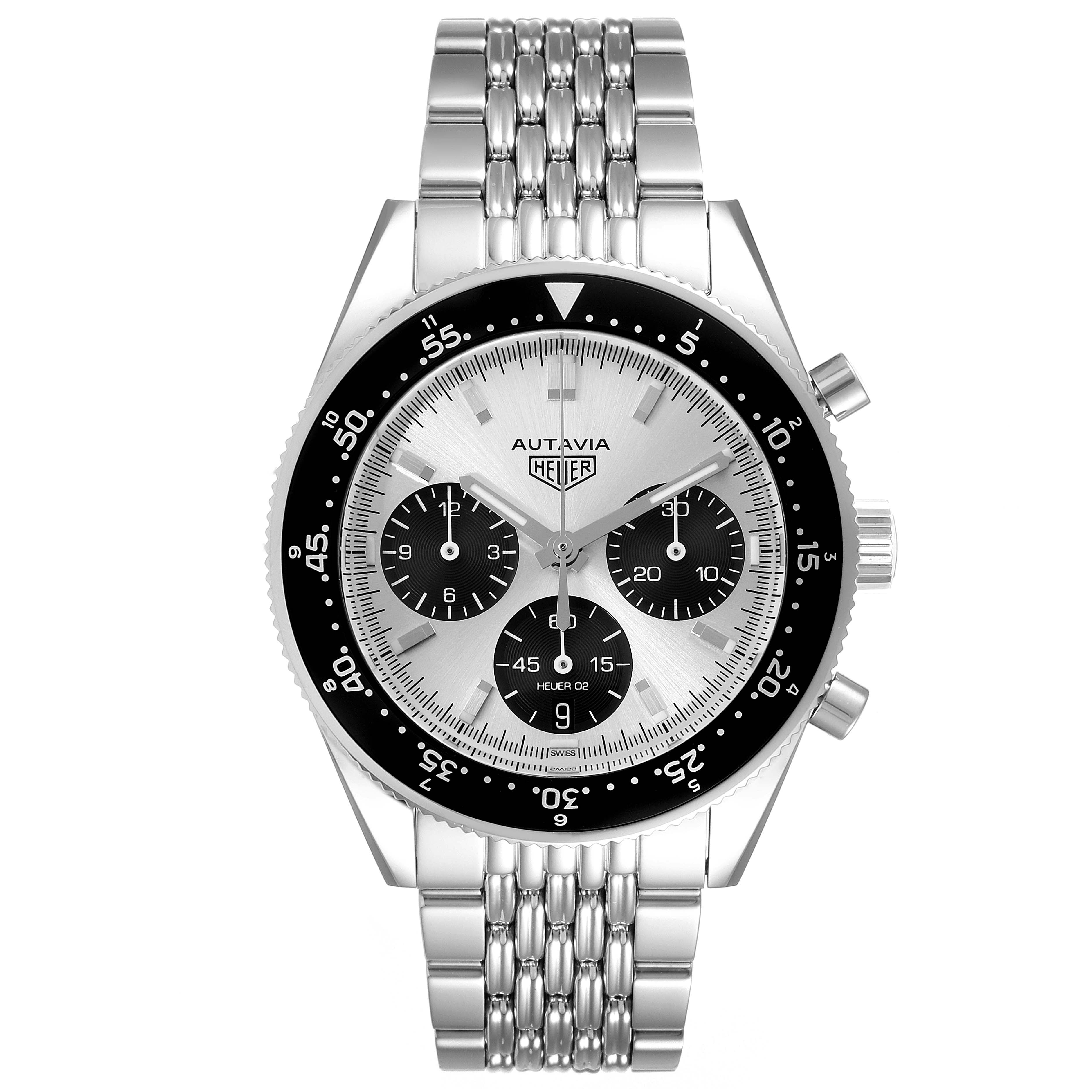 The image shows a front view of the Tag Heuer Autavia CBE2111.BA0687 Men's Stainless Steel Silver Dial CBE2111.BA0687 Men's Stainless Steel Silver Dial watch, displaying the dial, bezel, crown, pushers, and stainless steel bracelet.
