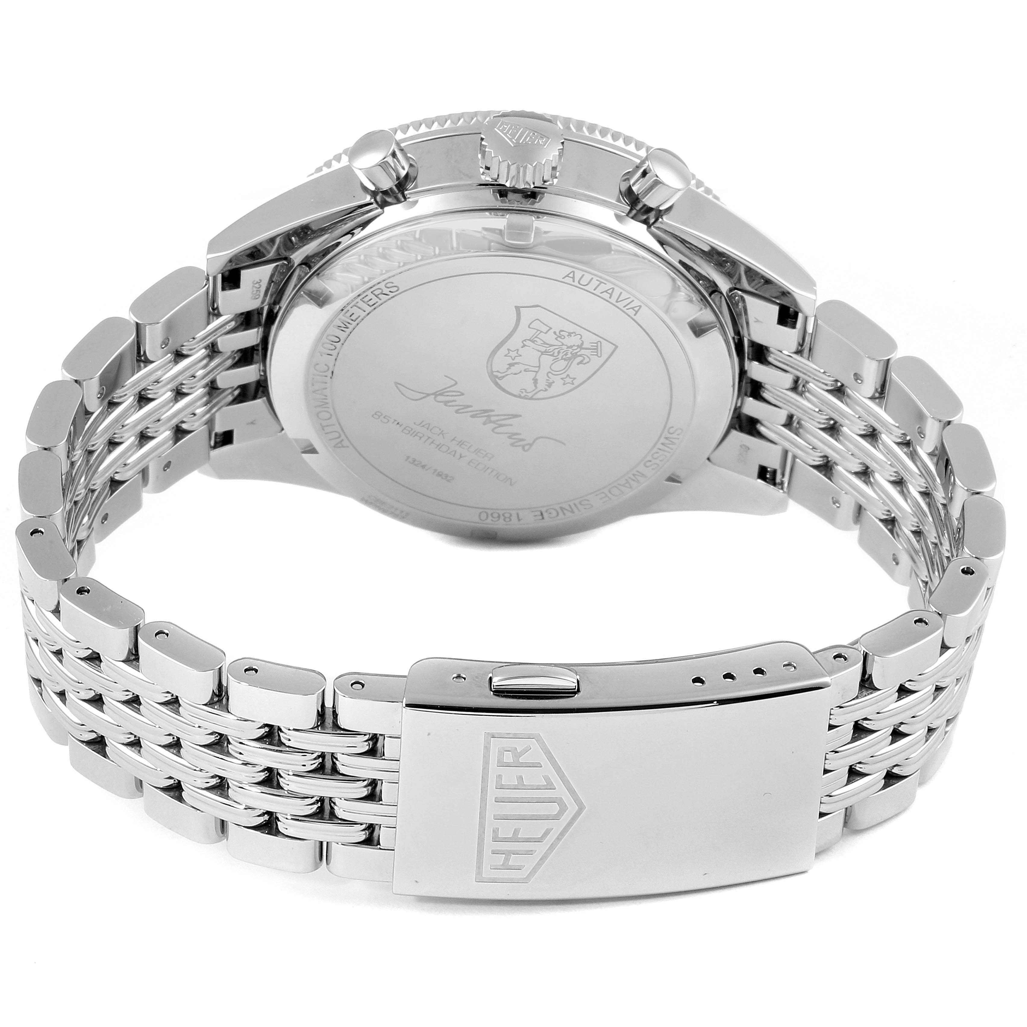 The image shows the back view of a Tag Heuer Autavia CBE2111.BA0687 Men's Stainless Steel Silver Dial CBE2111.BA0687 Men's Stainless Steel Silver Dial watch's case and bracelet, featuring the clasp and caseback engraving.