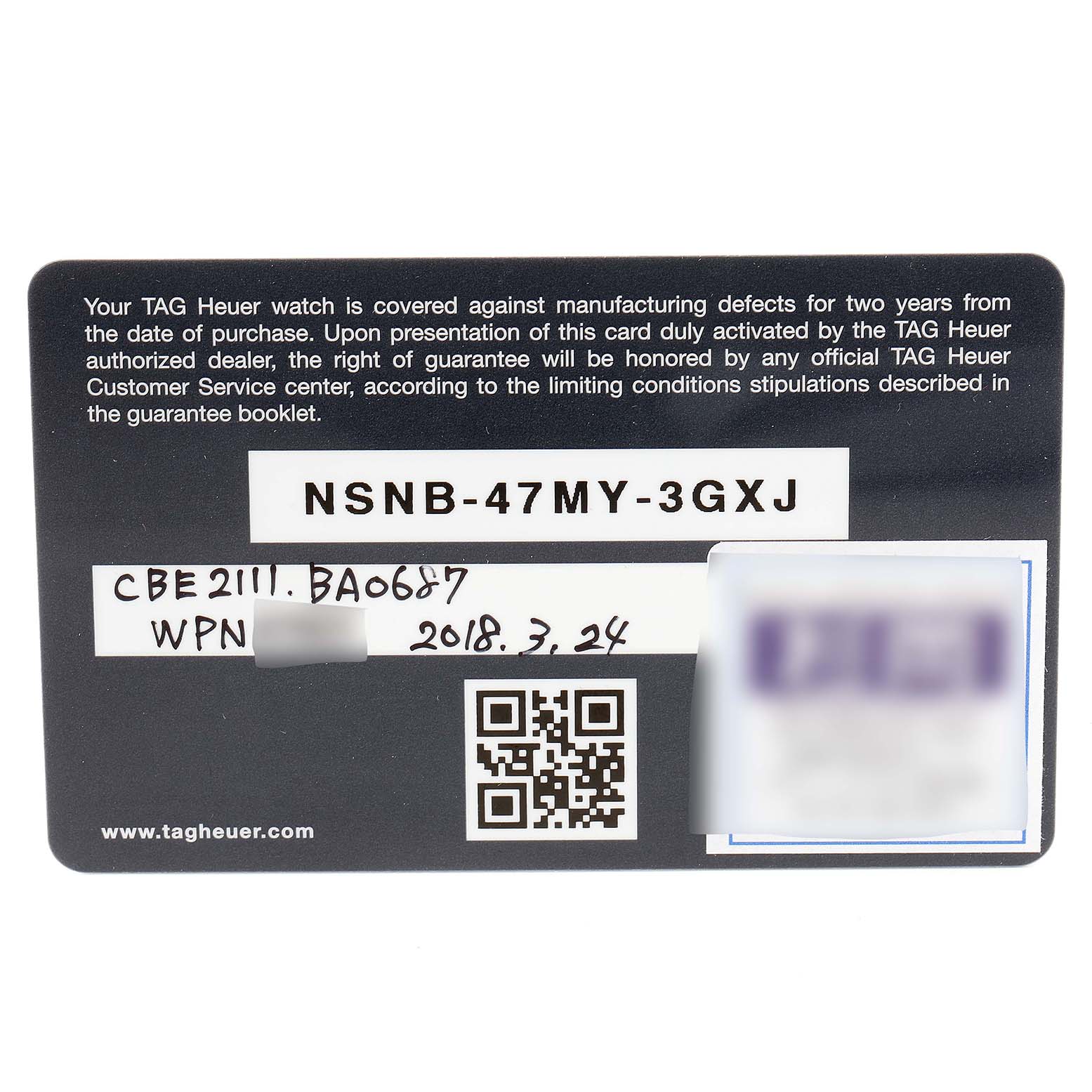 This image shows the warranty card for a Tag Heuer Autavia CBE2111.BA0687 Men's Stainless Steel Silver Dial CBE2111.BA0687 Men's Stainless Steel Silver Dial watch, including model number and purchase date details.