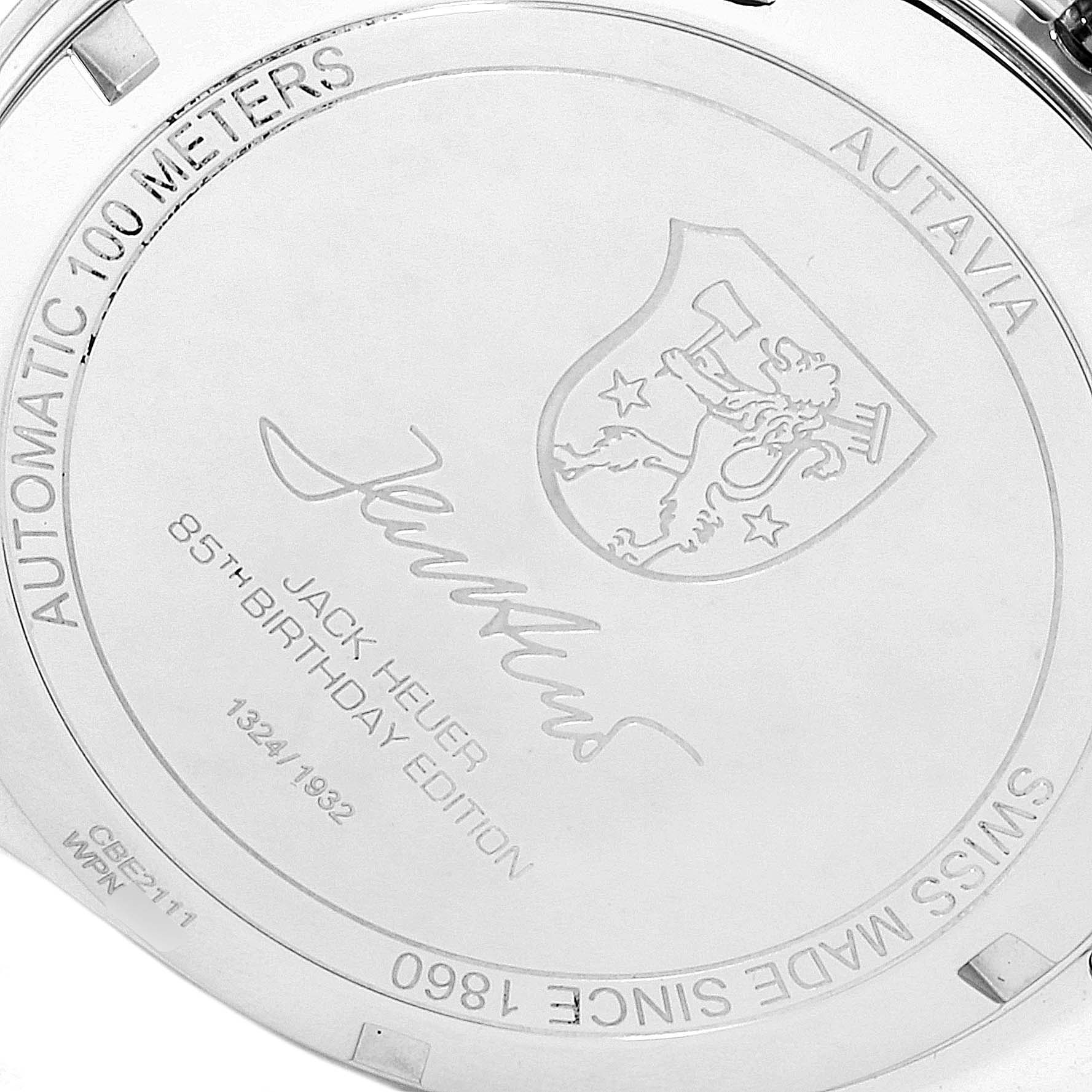 This image shows the back casing of a Tag Heuer Autavia CBE2111.BA0687 Men's Stainless Steel Silver Dial CBE2111.BA0687 Men's Stainless Steel Silver Dial watch, featuring engravings and brand details.