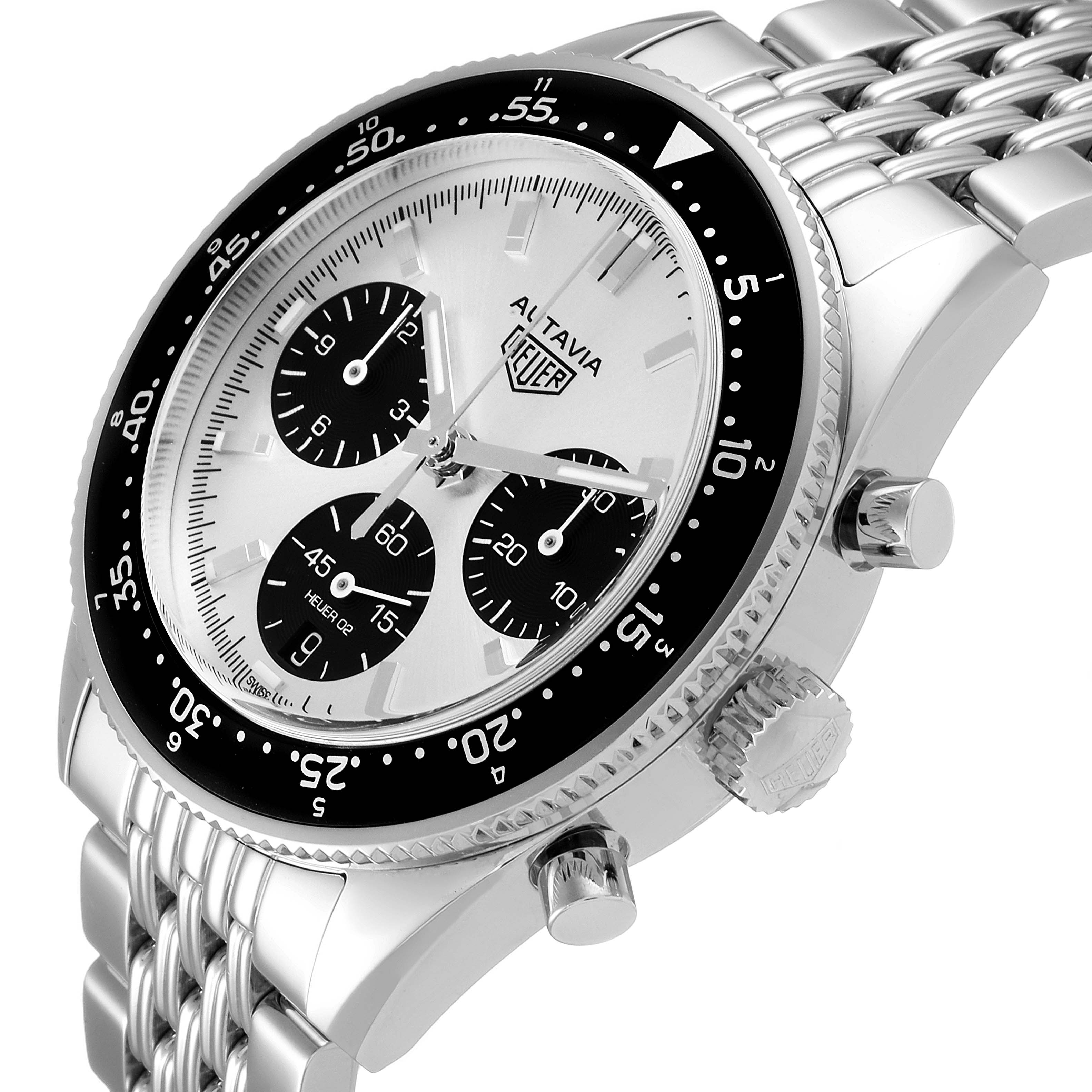 This image shows a Tag Heuer Autavia CBE2111.BA0687 Men's Stainless Steel Silver Dial CBE2111.BA0687 Men's Stainless Steel Silver Dial watch angled to highlight its bezel, crown, pushers, and watch face.